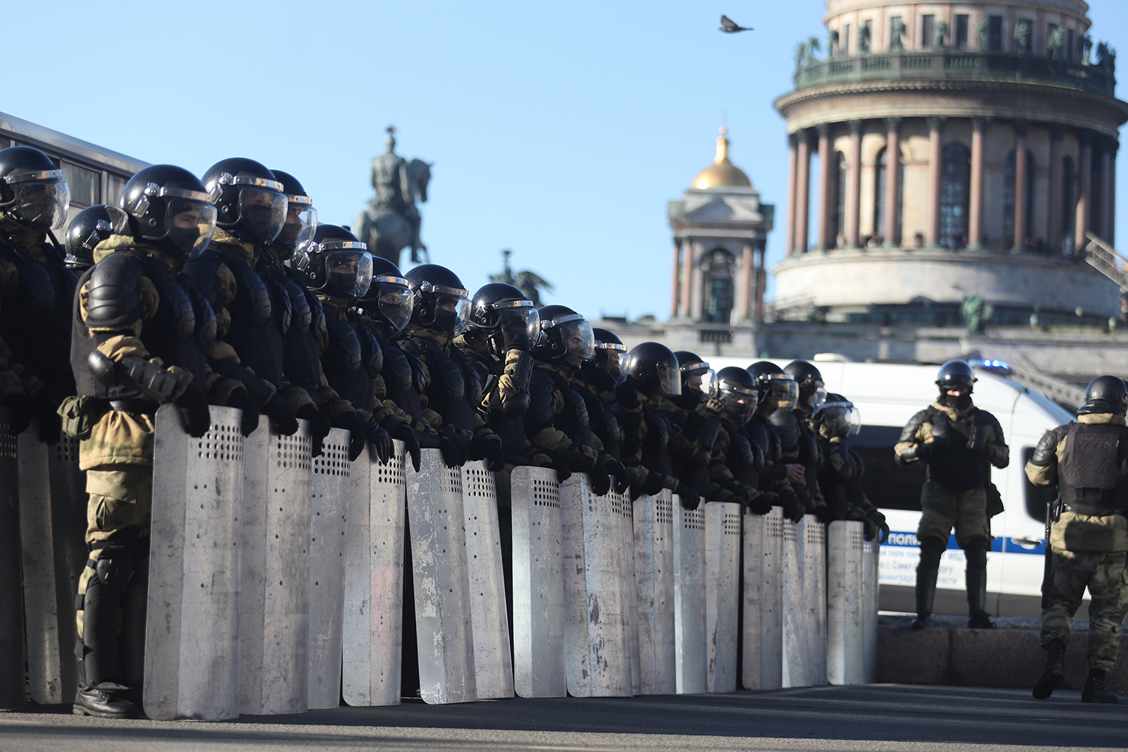 Security forces take measures during an anti-war demonstration in St. Petersburg, Russia on March 6.