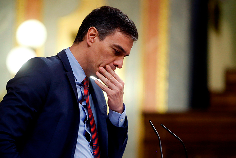 Spanish Prime Minister, Pedro Sanchez delivers a speech during the plenary session at Lower Chamber of Spanish Parliament, in Madrid on Thursday, April 9.