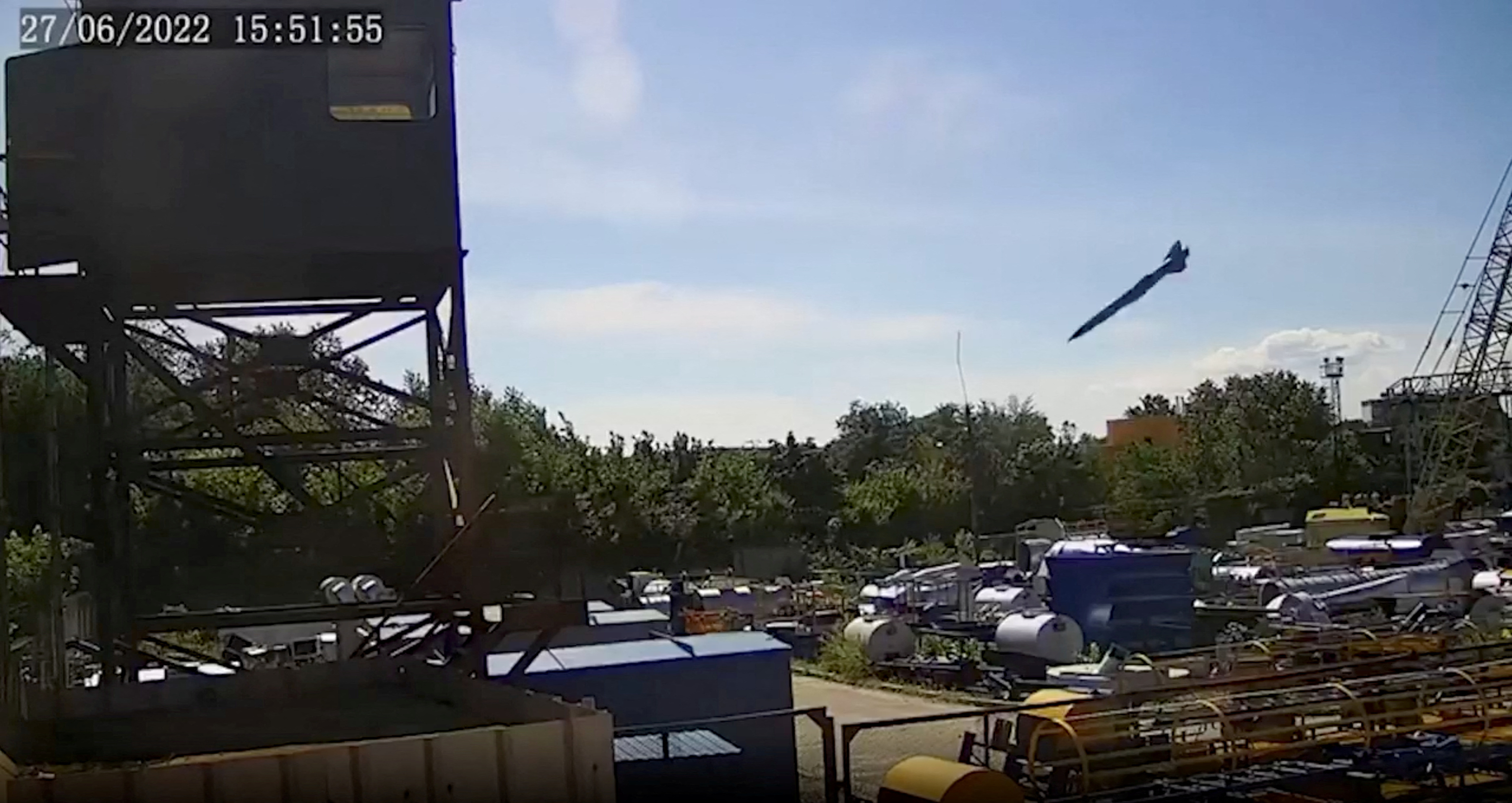 A Russian missile approaches a shopping mall at a location given as Kremenchuk, Ukraine in this still image taken from handout CCTV footage released on June 28.
