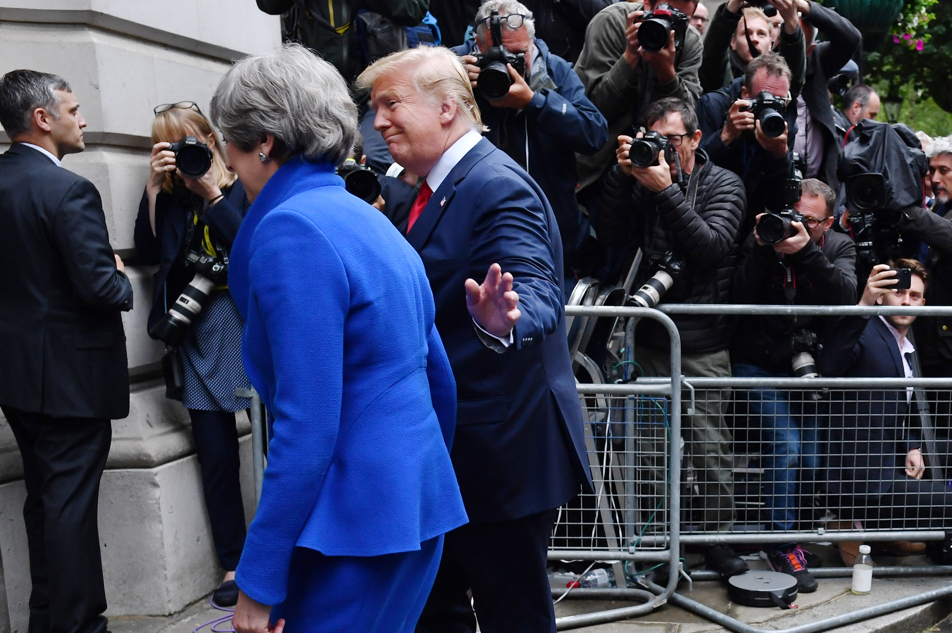 Trump and May after their press conference on Tuesday.