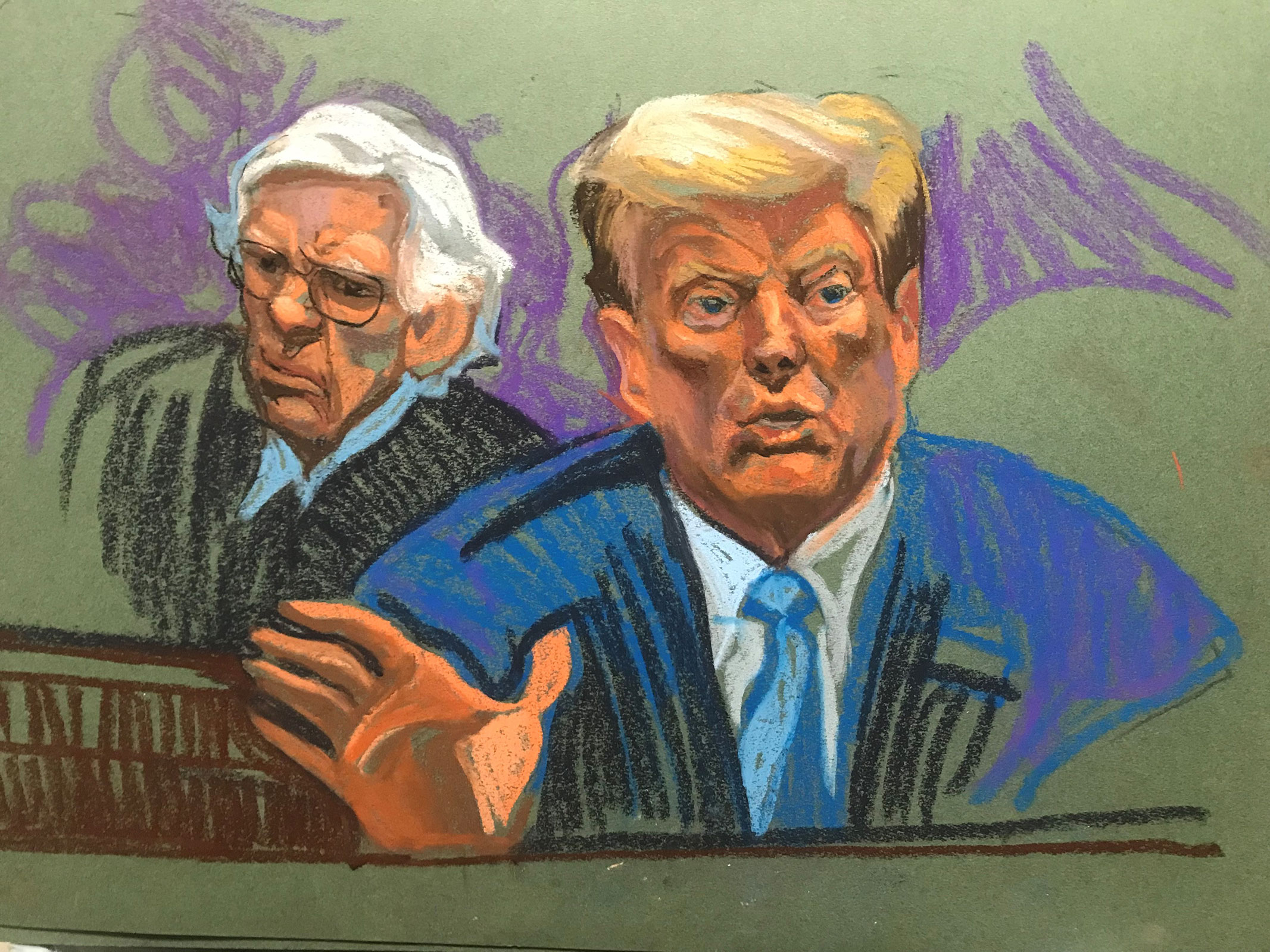 In this courtroom sketch, former President Donald Trump testifies in New York Supreme Court on Monday.