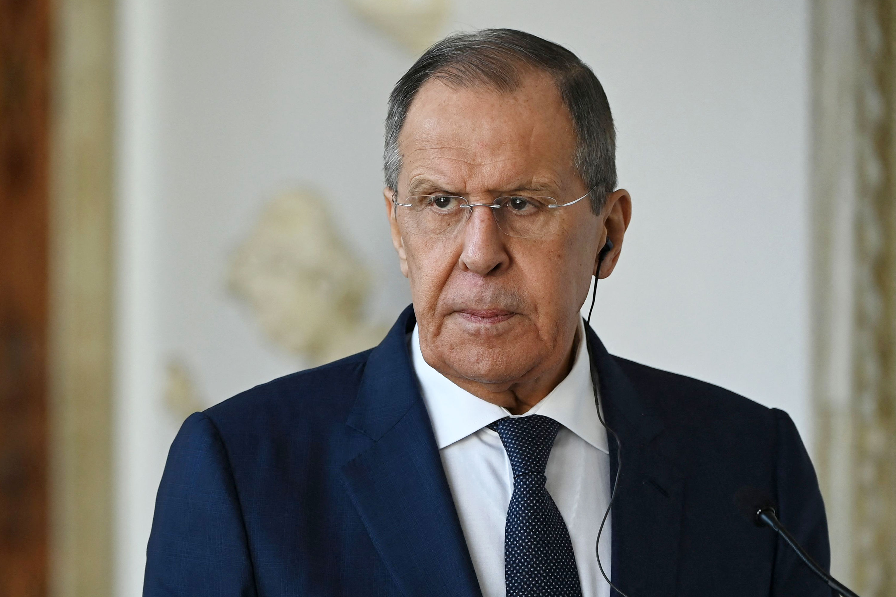 Russian Foreign Minister Sergey Lavrov speaks at a press conference during a visit to Venezuela on April 18. 