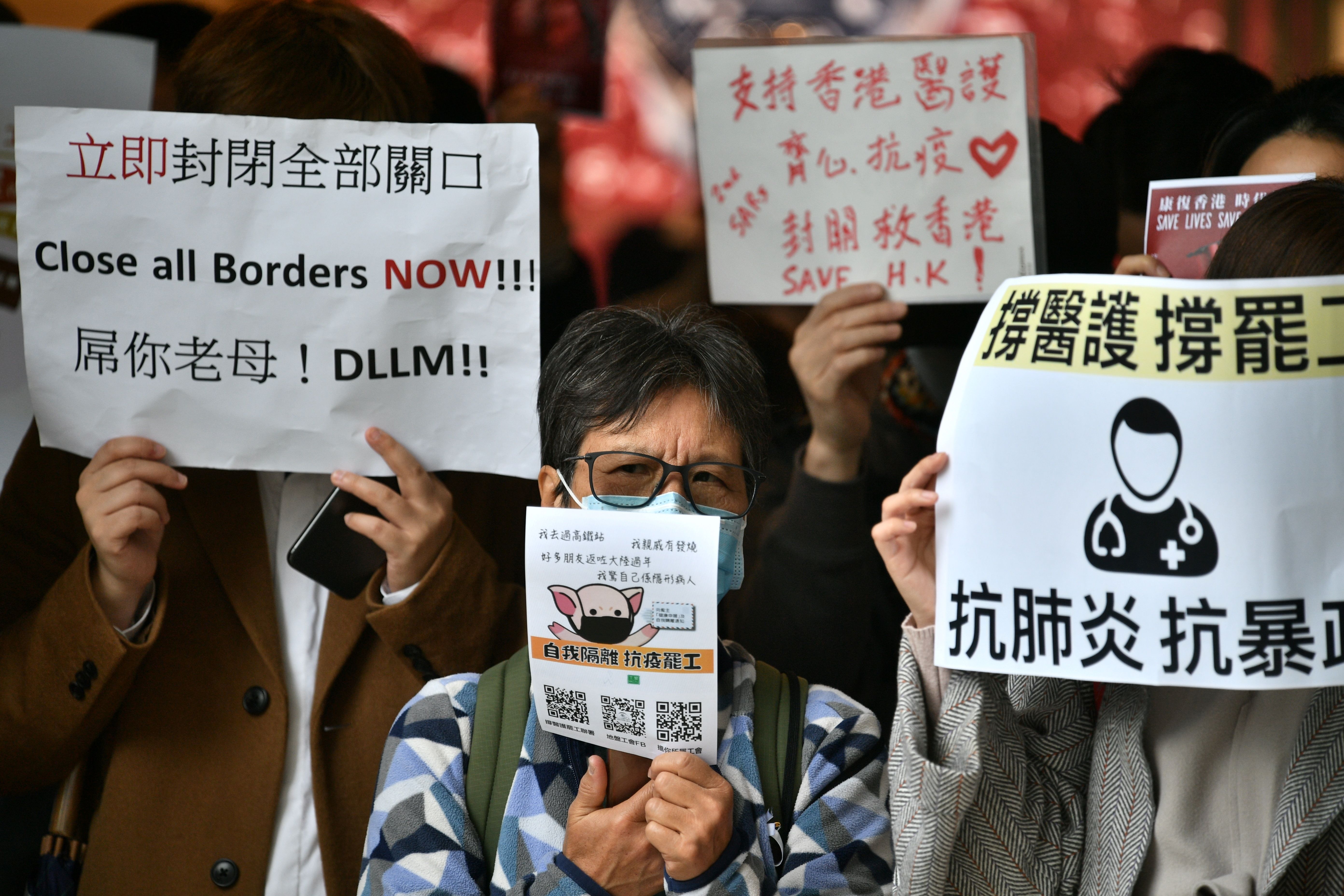 Protesters in Hong Kong calling for the government to close its borders with mainland China, on February 3, 2020.