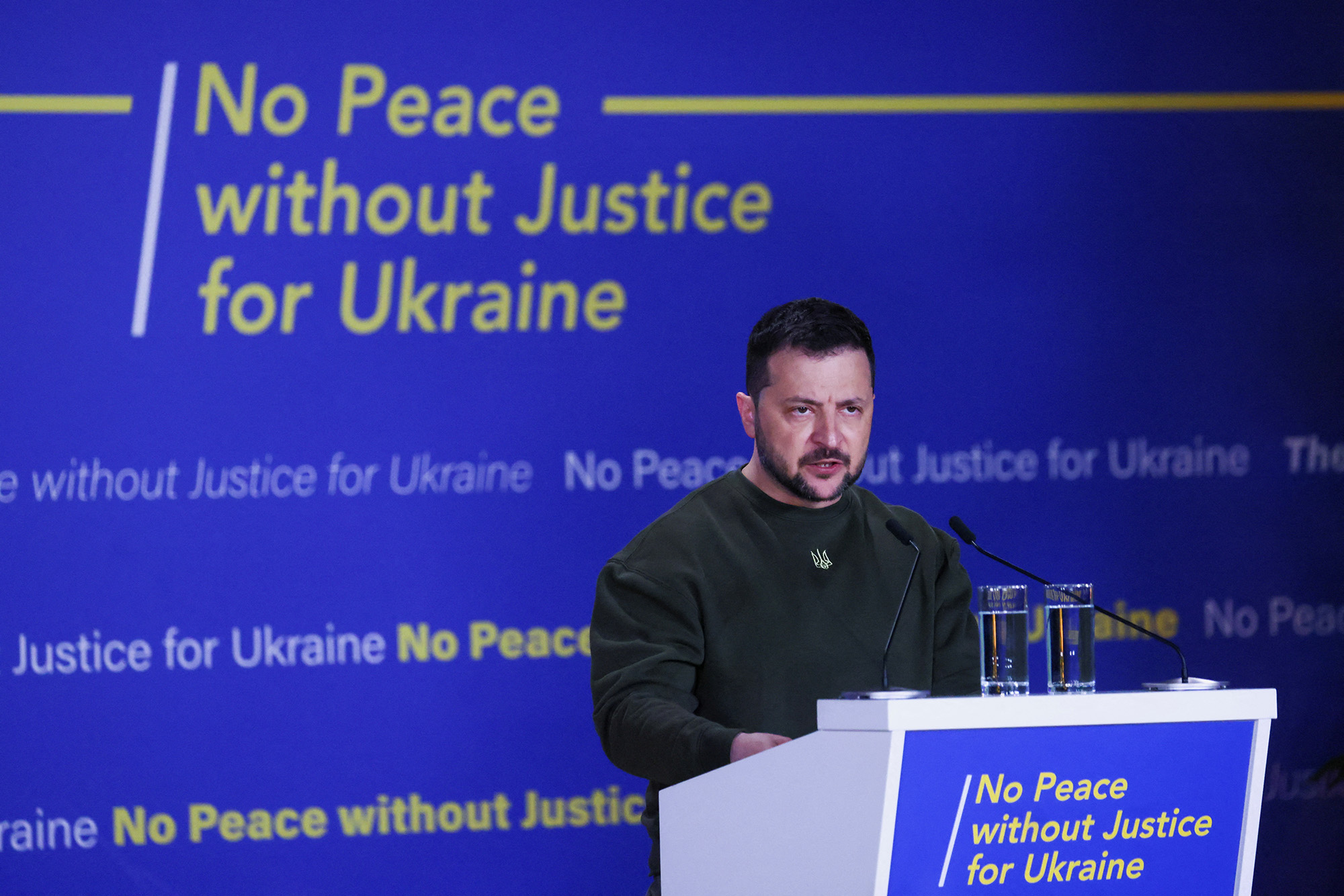 Ukraine's President Volodymyr Zelensky delivers a speech titled "No Peace Without Justice for Ukraine", in the Hague, Netherlands, on May 4.