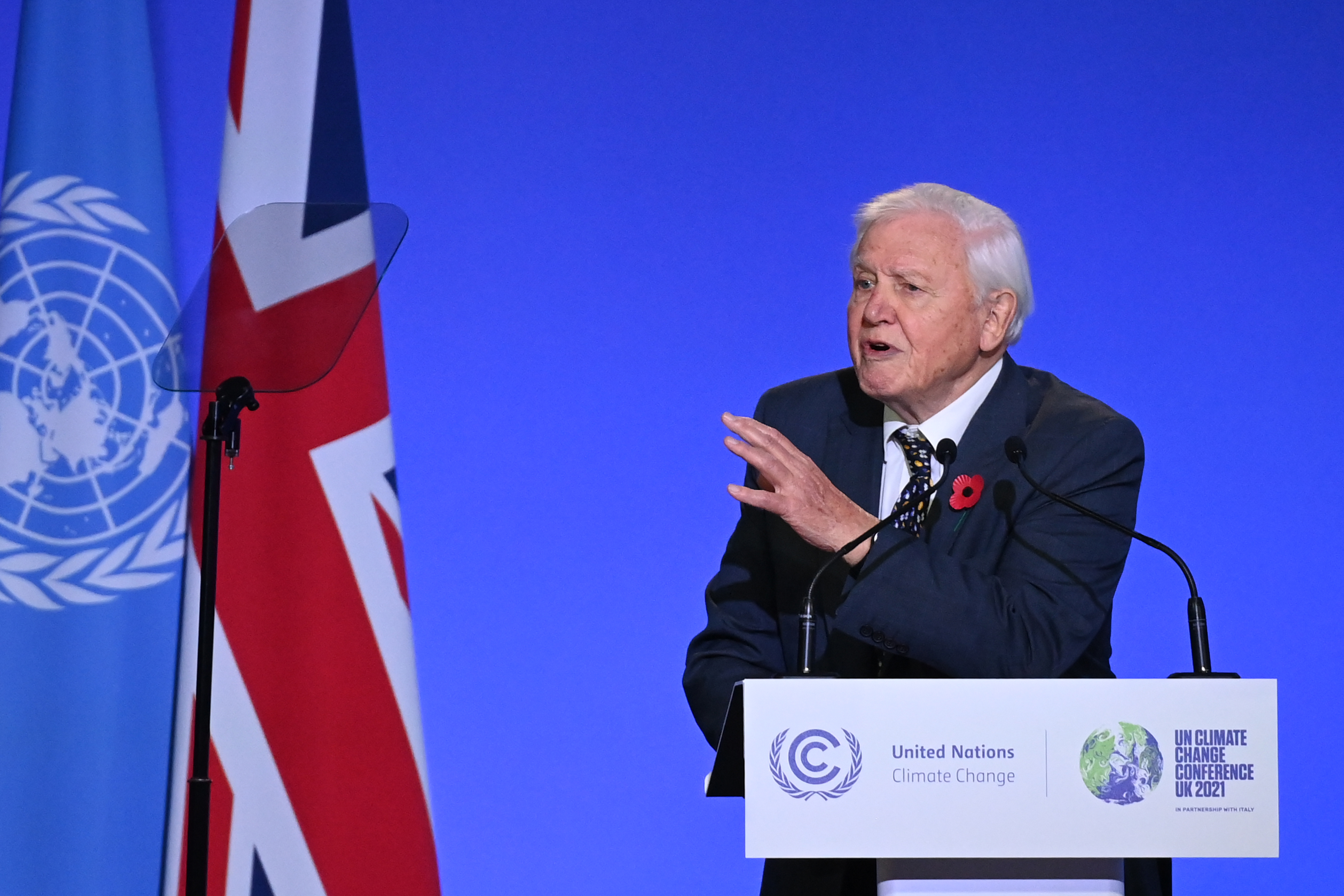 Sir David Attenborough speaks during the opening ceremony of the UN Climate Change Conference Monday. 