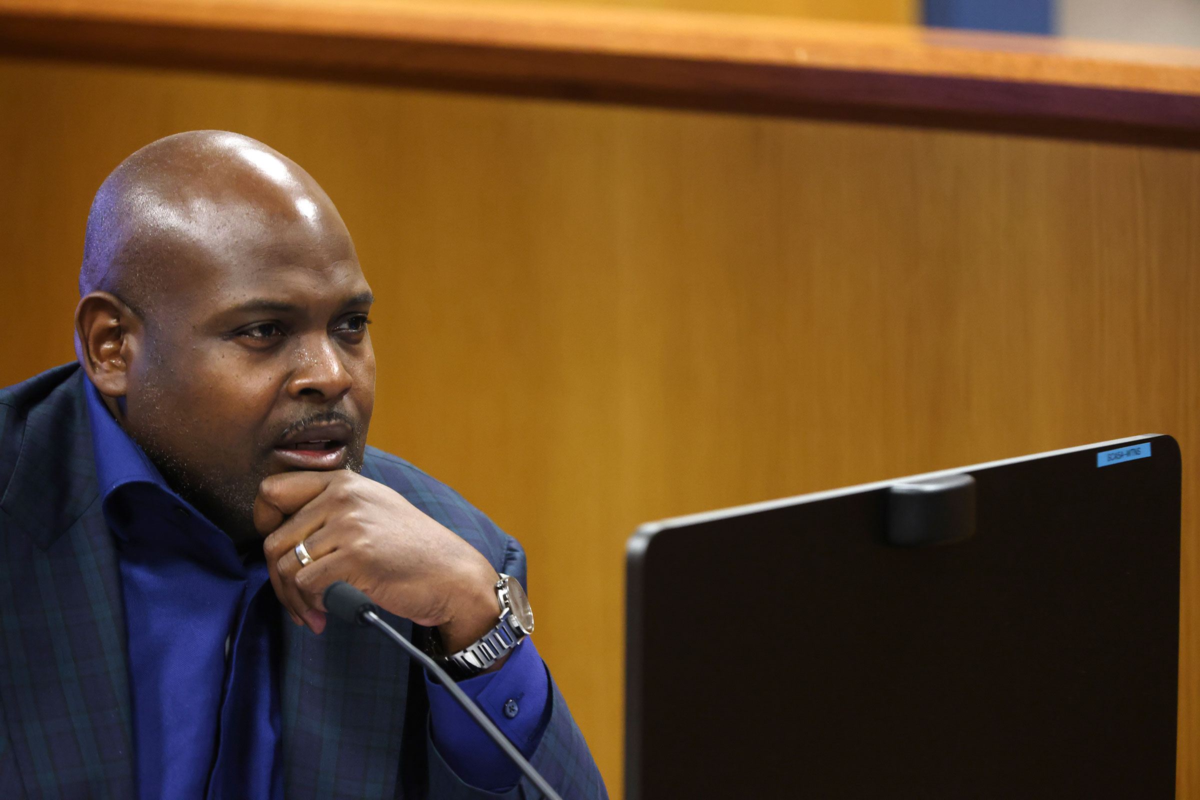 Witness Terrence Bradley looks on from the witness stand during a hearing in the case of the State of Georgia v. Donald John Trump at the Fulton County Courthouse on February 16 in Atlanta.