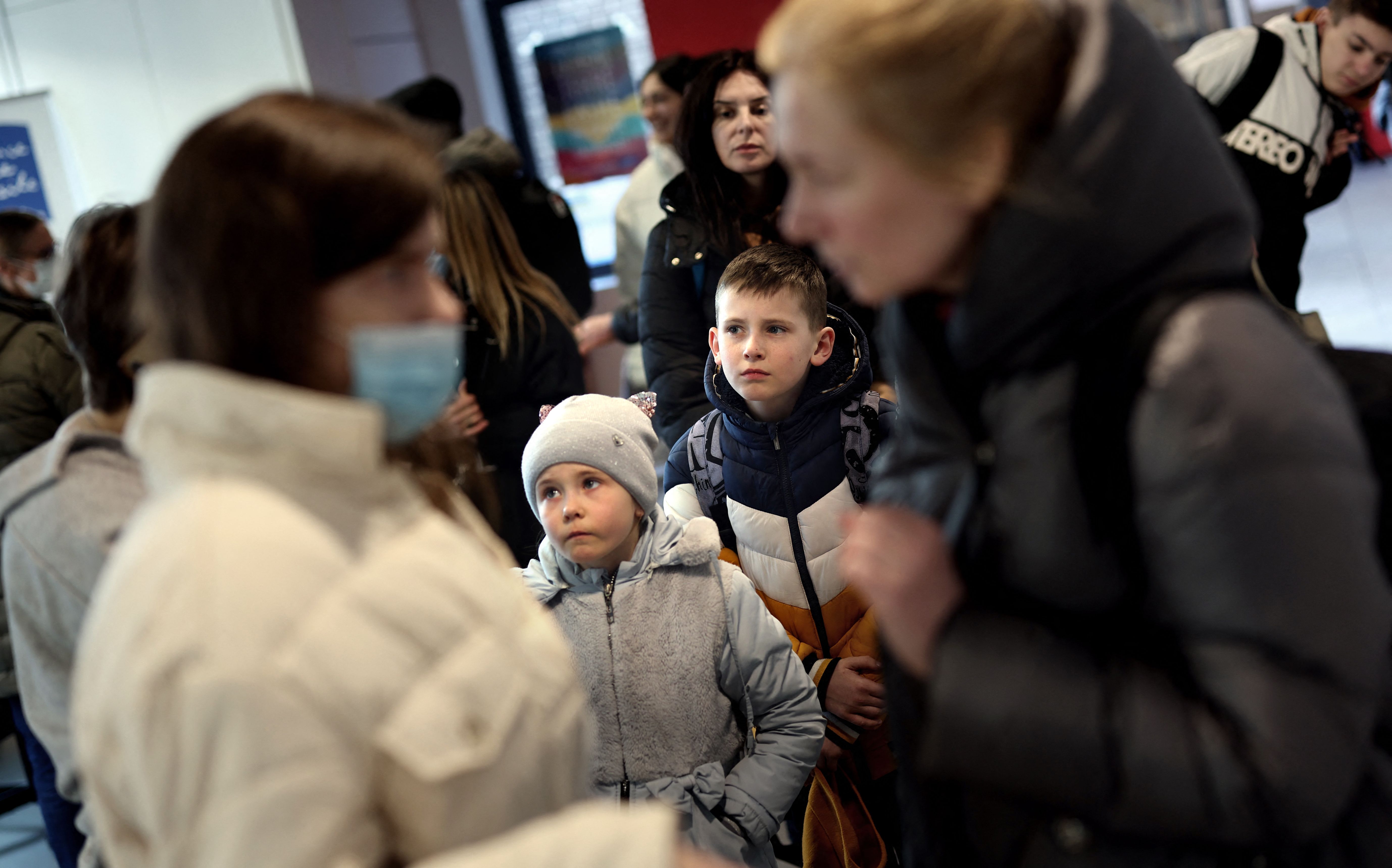 Ukrainian evacuees arrive at a France Terre d'Asile's welcome center for refugees in Paris, France, on March 7.