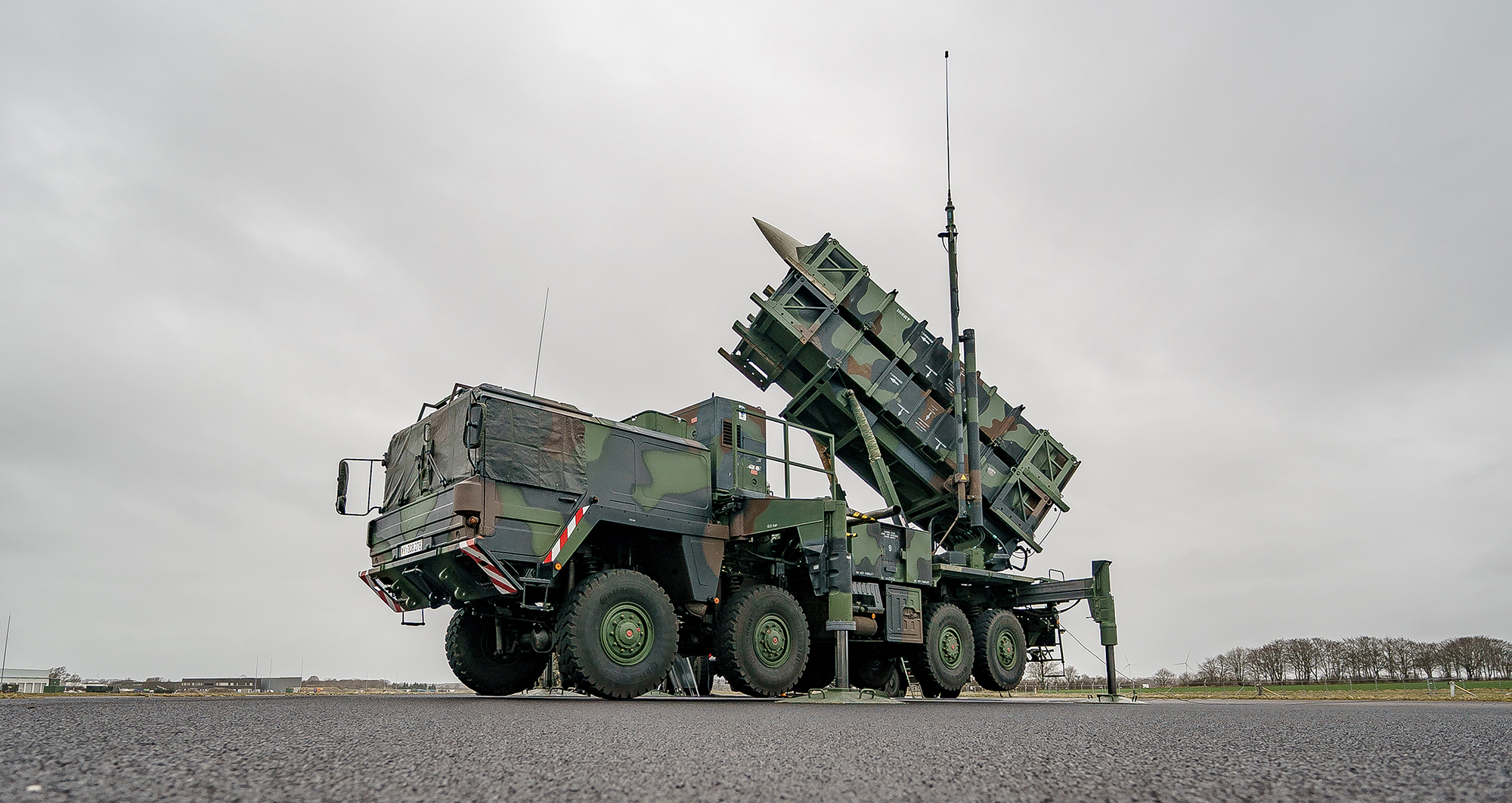 A combat-ready Patriot anti-aircraft missile system of the Bundeswehr's anti-aircraft missile squadron 1 stands on the airfield of Schwesing military airport in Germany on March 17. 