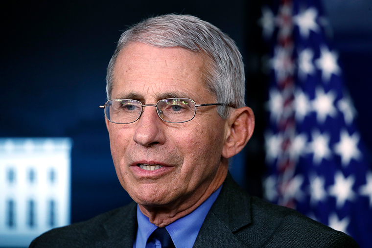 Dr. Anthony Fauci, director of the National Institute of Allergy and Infectious Diseases, speaks during a briefing at the White House on Monday, April 13.