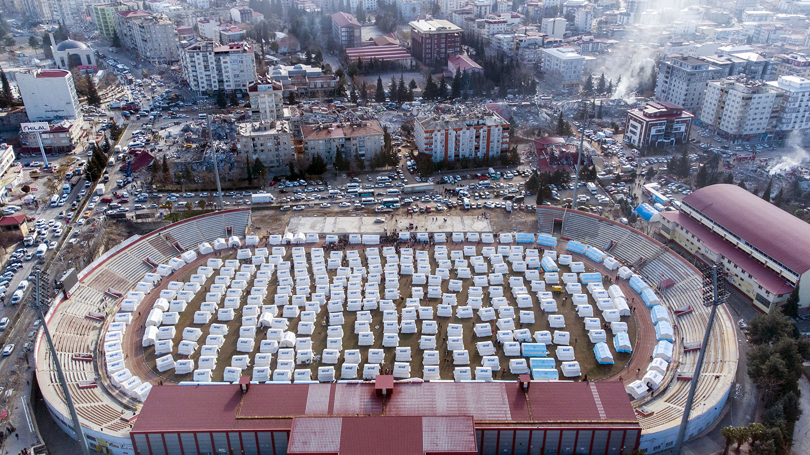An aerial view shows a tent city set up by Turkey's Disaster and Emergency Management Authority in Kahramanmaras. 
