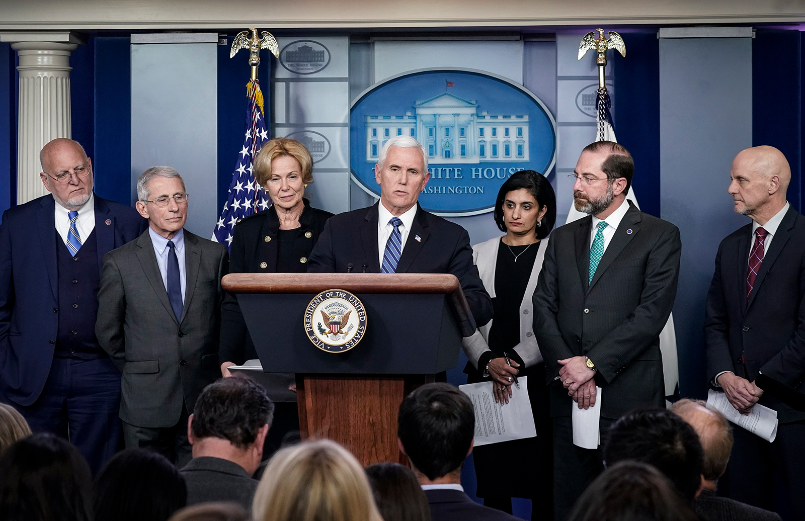Vice President Mike Pence speaks during a briefing on the administration's coronavirus response in the press briefing room of the White House on March 2, in Washington, DC. Standing with Pence, from left to right, Robert Redfield, Director of the Centers for Disease Control and Prevention, Dr. Anthony Fauci, director of the National Institute of Allergy and Infectious Diseases, Debbie Birx, White House Corona Virus Response Coordinator, Seema Verma, administrator of the Centers for Medicare and Medicaid Services, Alex Azar, Secretary of Health and Human Services, and Stephen Hahn, commissioner of food and drugs at the U.S. Food and Drug Administration (FDA). 