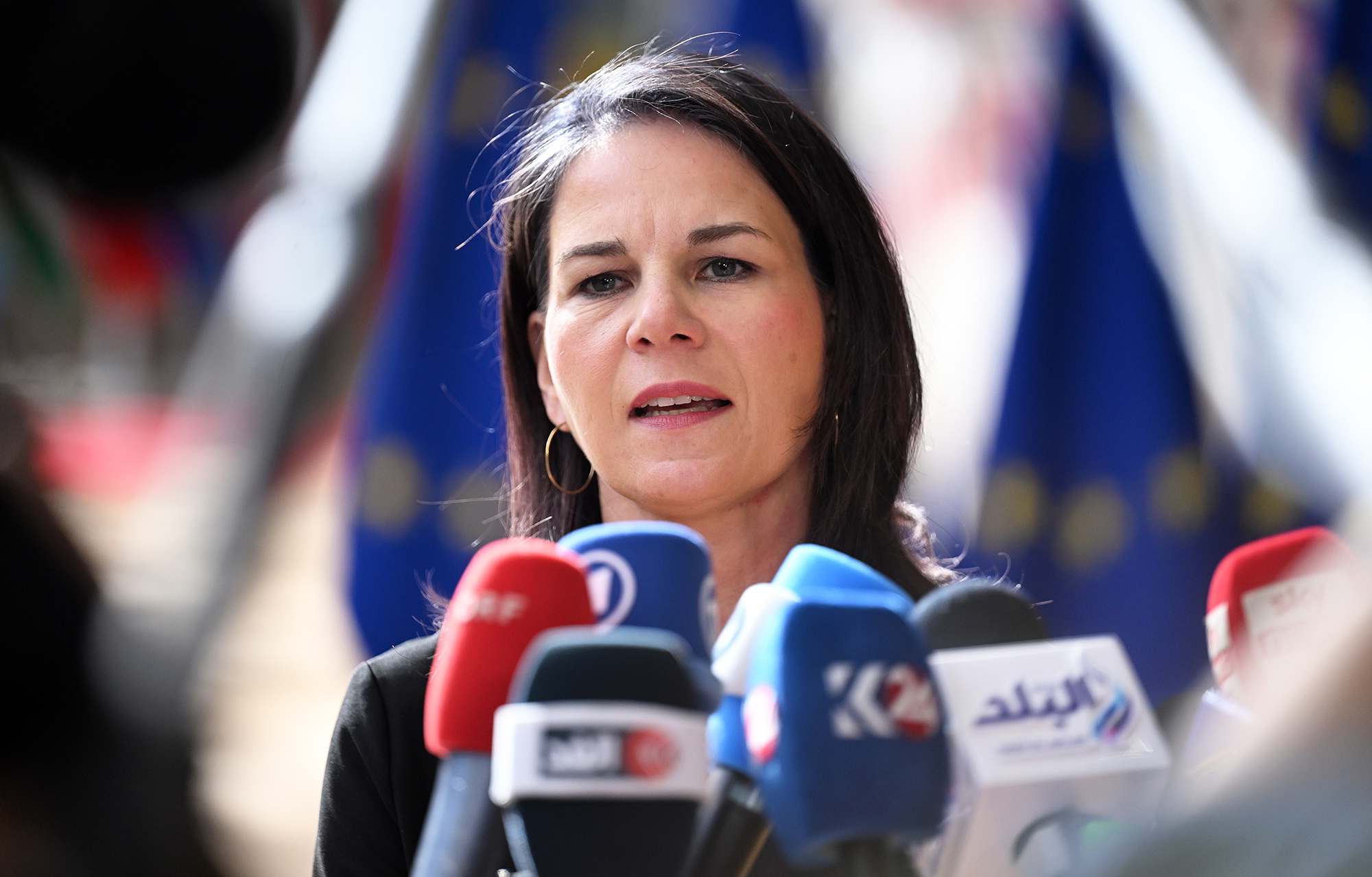 German Foreign Minister Annalena Baerbock speaks to the press ahead of the European Union Foreign Ministers meeting held in Brussels, Belgium, on May 27.