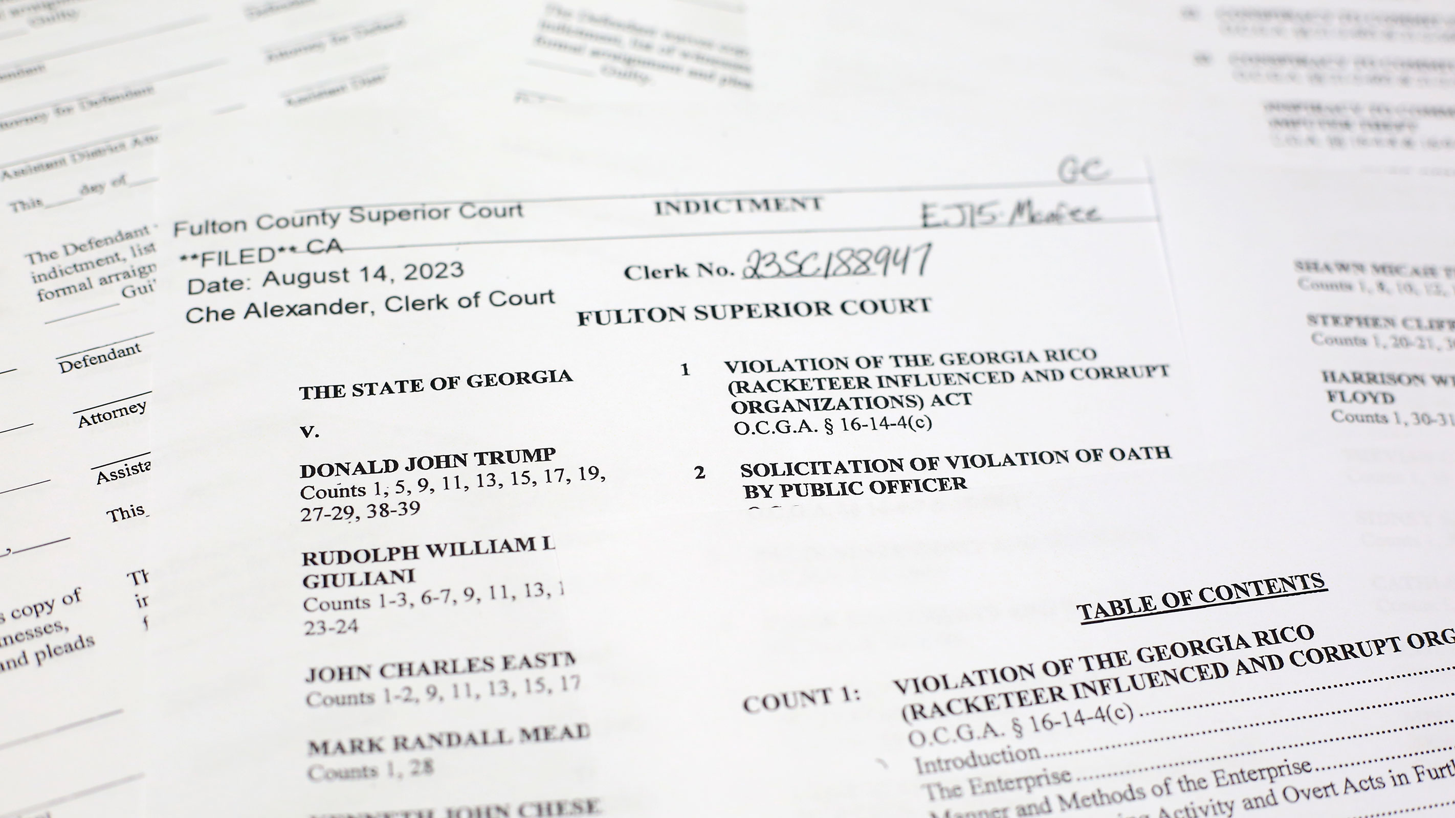 The indictment in Georgia against former President Donald Trump is photographed Monday, Aug. 14, 2023.