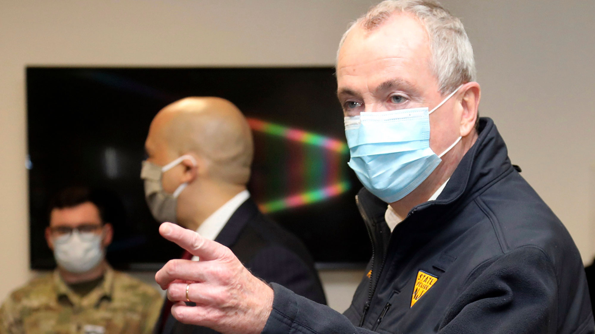 New Jersey Gov. Phil Murphy arrives at the Edison Field Medical Station at the N.J. Convention & Exposition Center in Edison, New Jersey on April 8.