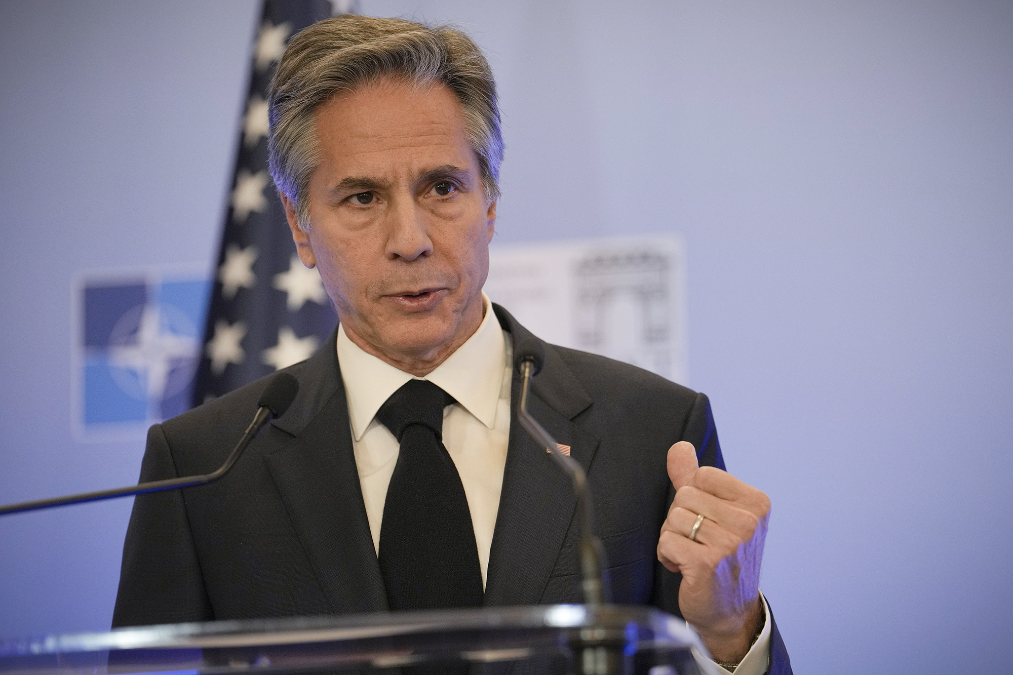 United States Secretary of State Antony Blinken gestures during a press conference in Bucharest, Romania, on November 30.