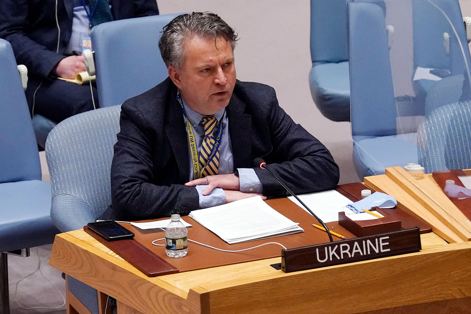 Ukraine's UN ambassador Sergiy Kyslytsya addresses the UN Security Council on Friday. 