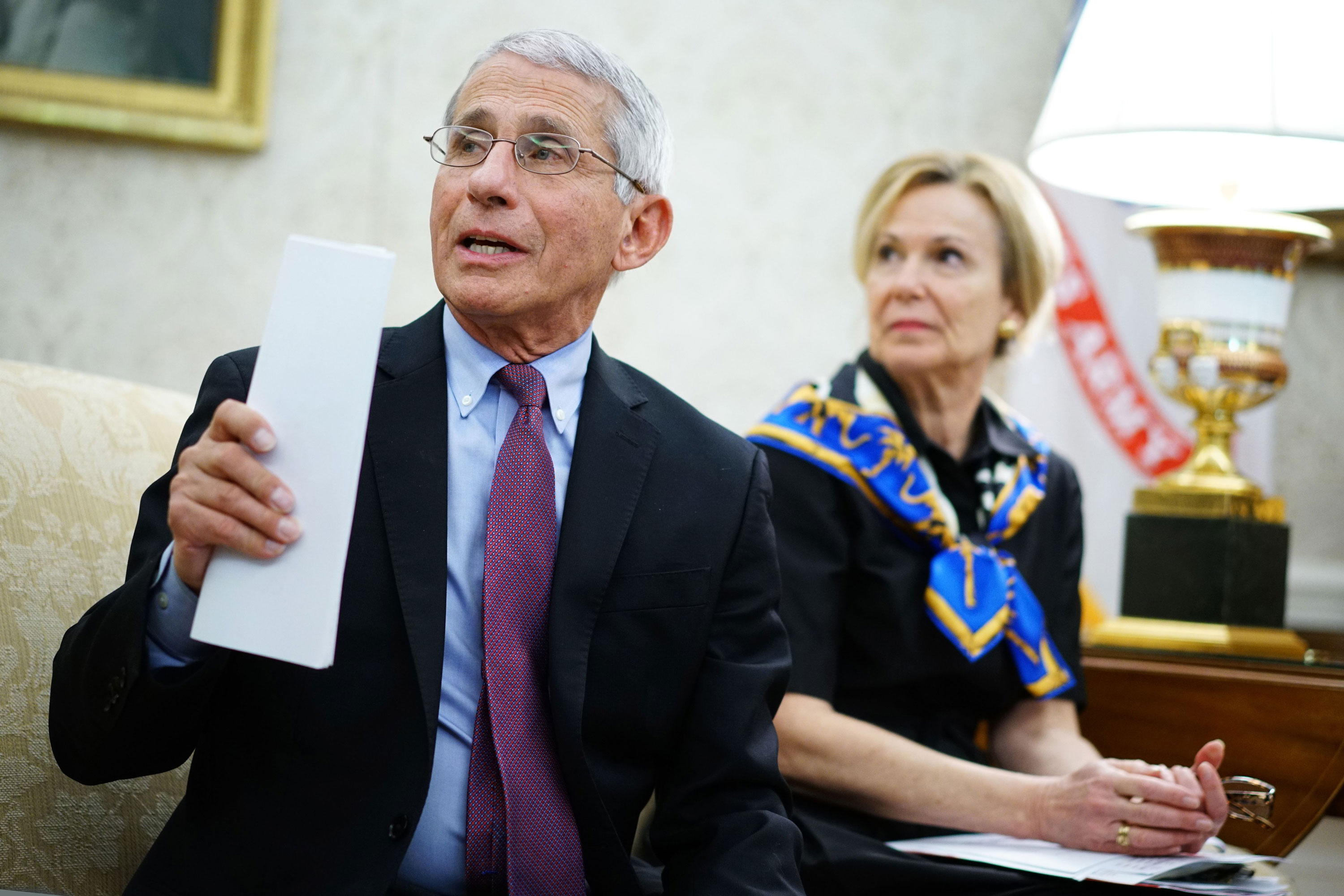 Dr. Anthony Fauci speaks during a meeting with US President Donald Trump and Louisiana Governor John Bel Edwards D-LA in the Oval Office of the White House in Washington, DC on April 29.