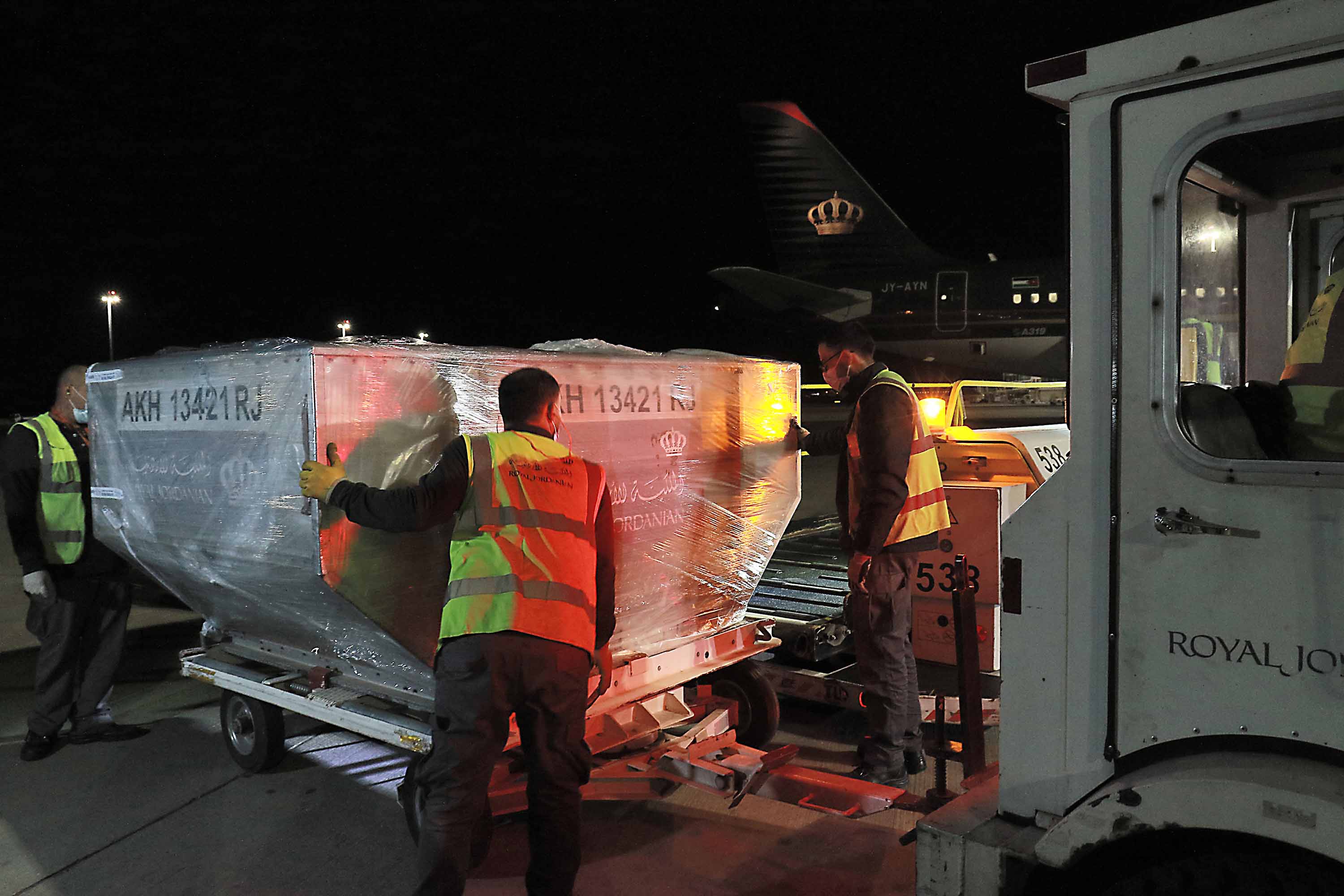 The first batch of the Pfizer-BioNTech vaccine arrives at Jordan's Queen Alia international airport in Amman on January 11.