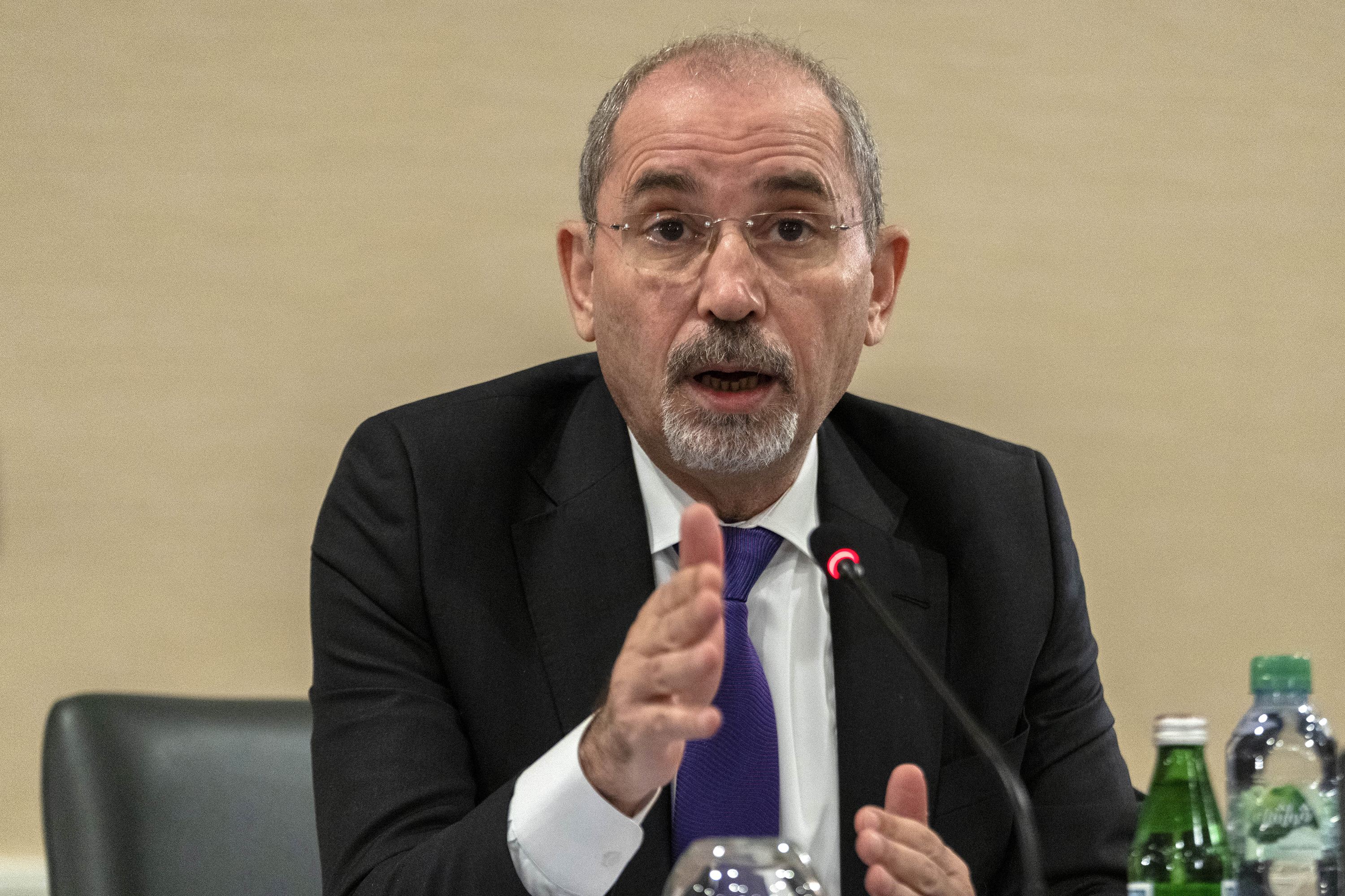 Jordanian Foreign Minister Ayman Safadi speaks during a news conference about the Israel-Hamas war, and pressure to reduce civilian casualties, on December 8, in Washington, DC.