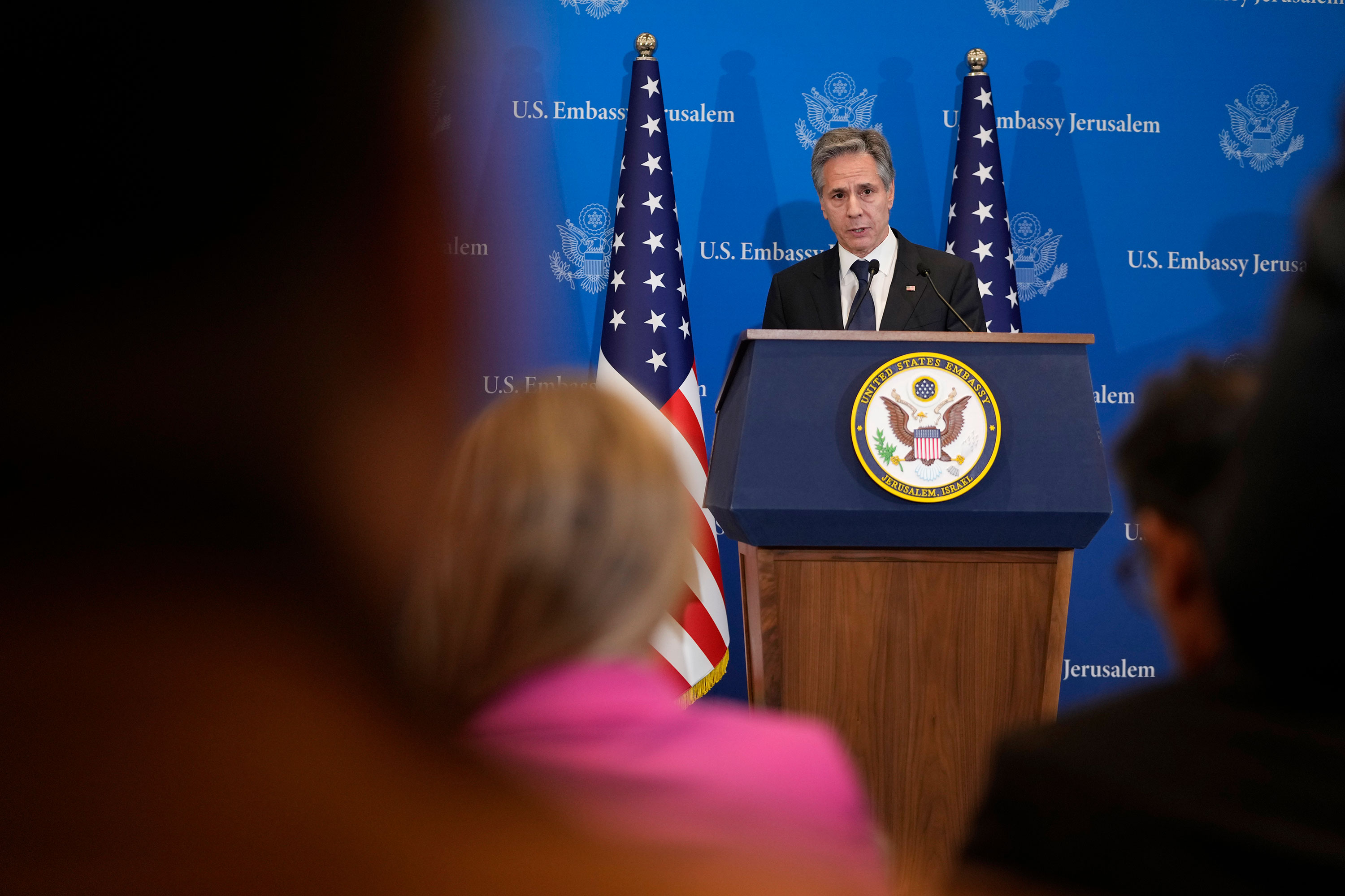 US Secretary of State Antony Blinken speaks during a press conference in Tel Aviv, Israel, on February 7. 