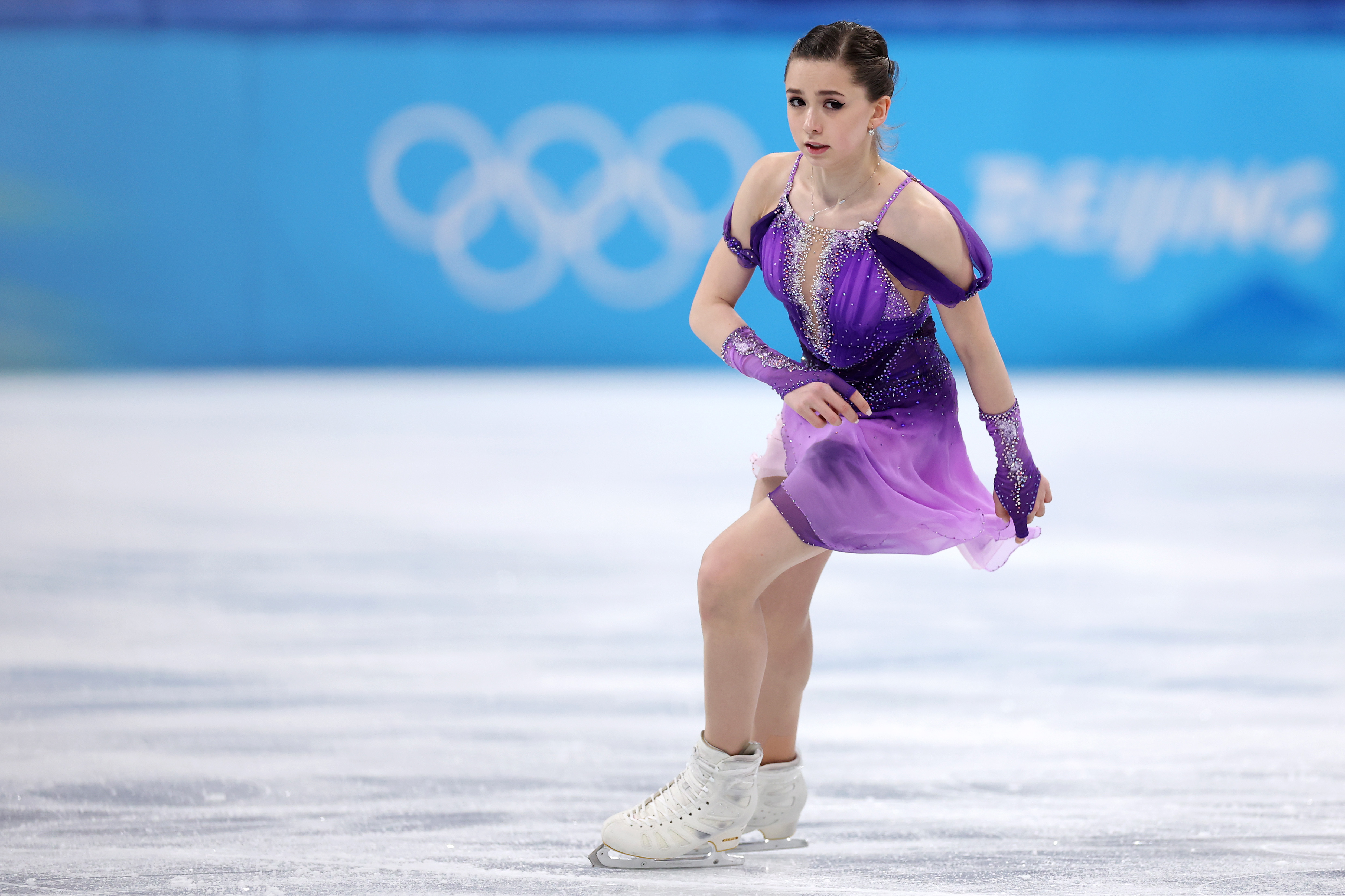 Kamila Valieva warms up prior to the women's single skating short program on February 15.