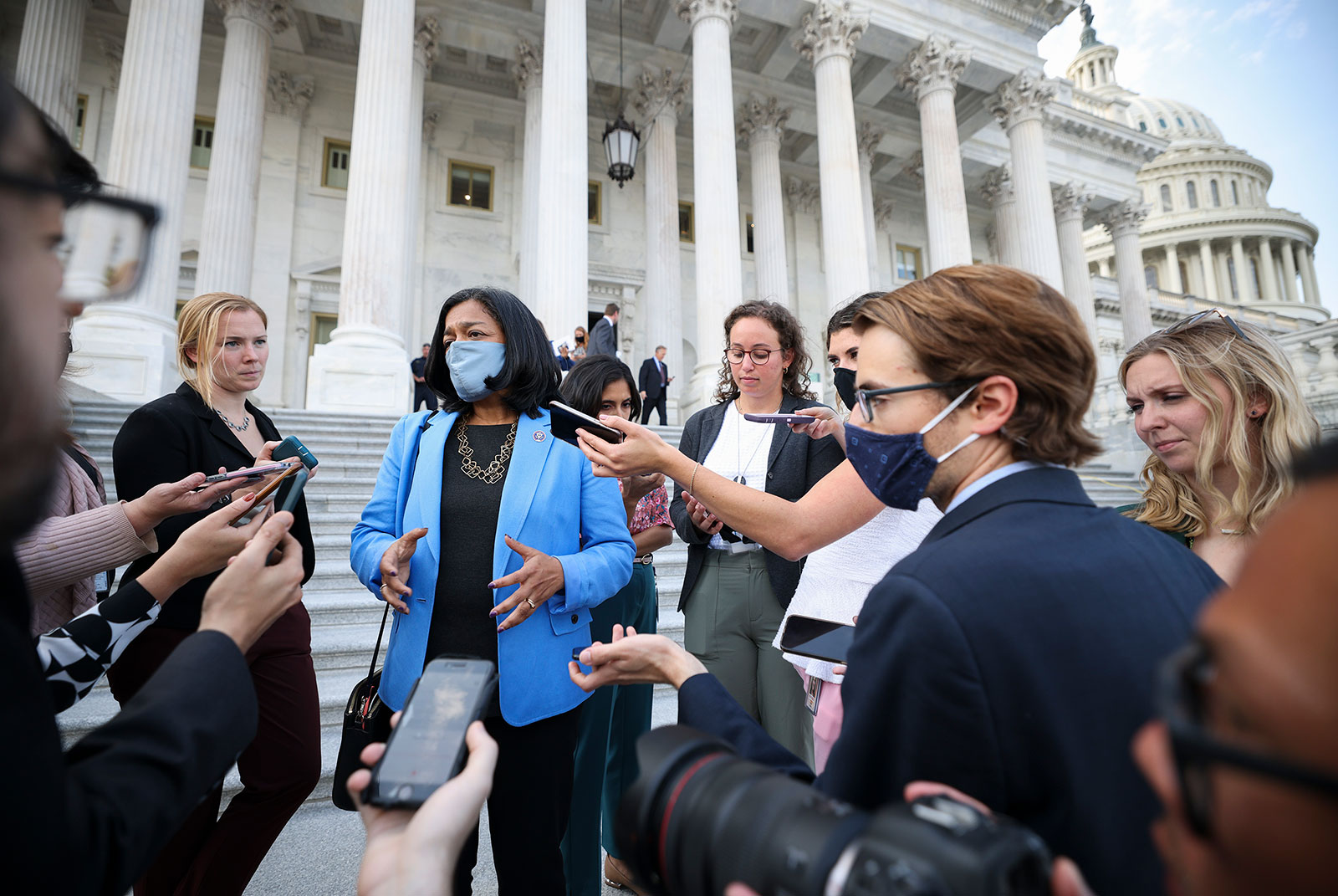 Rep. Pramila Jayapal, the leader of the progressive caucus, speaks to reporters outside the US Capitol on Tuesday, September 28.