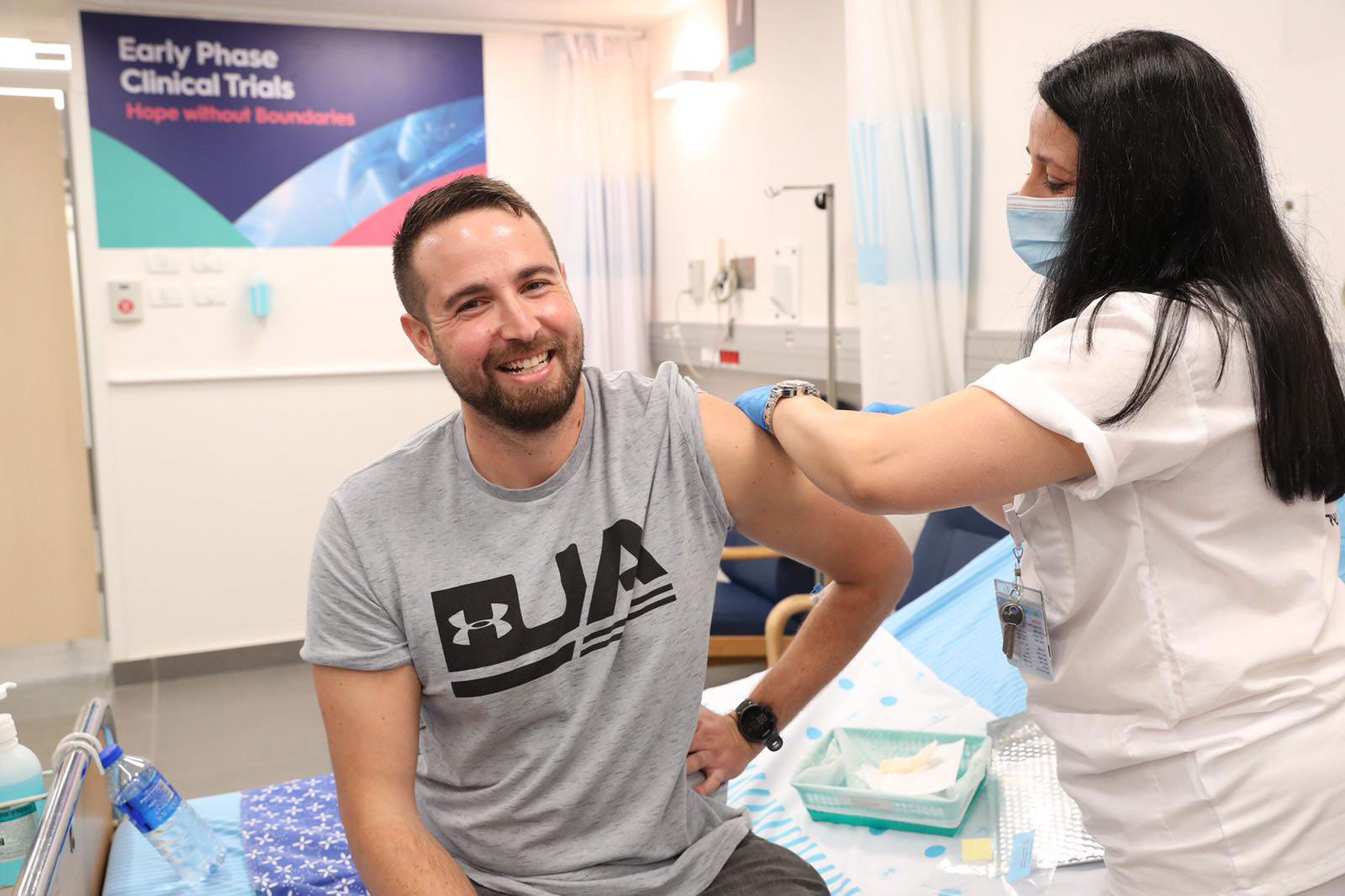 Nurse Hela Litwin administers the first Covid-19 vaccine developed by the Israel Institute of Biological Research to Segev Harel, the first volunteer, at Sheba Medical Center near Tel Aviv. Israel's Ministry of Defense posted this photo on Twitter on November 1.