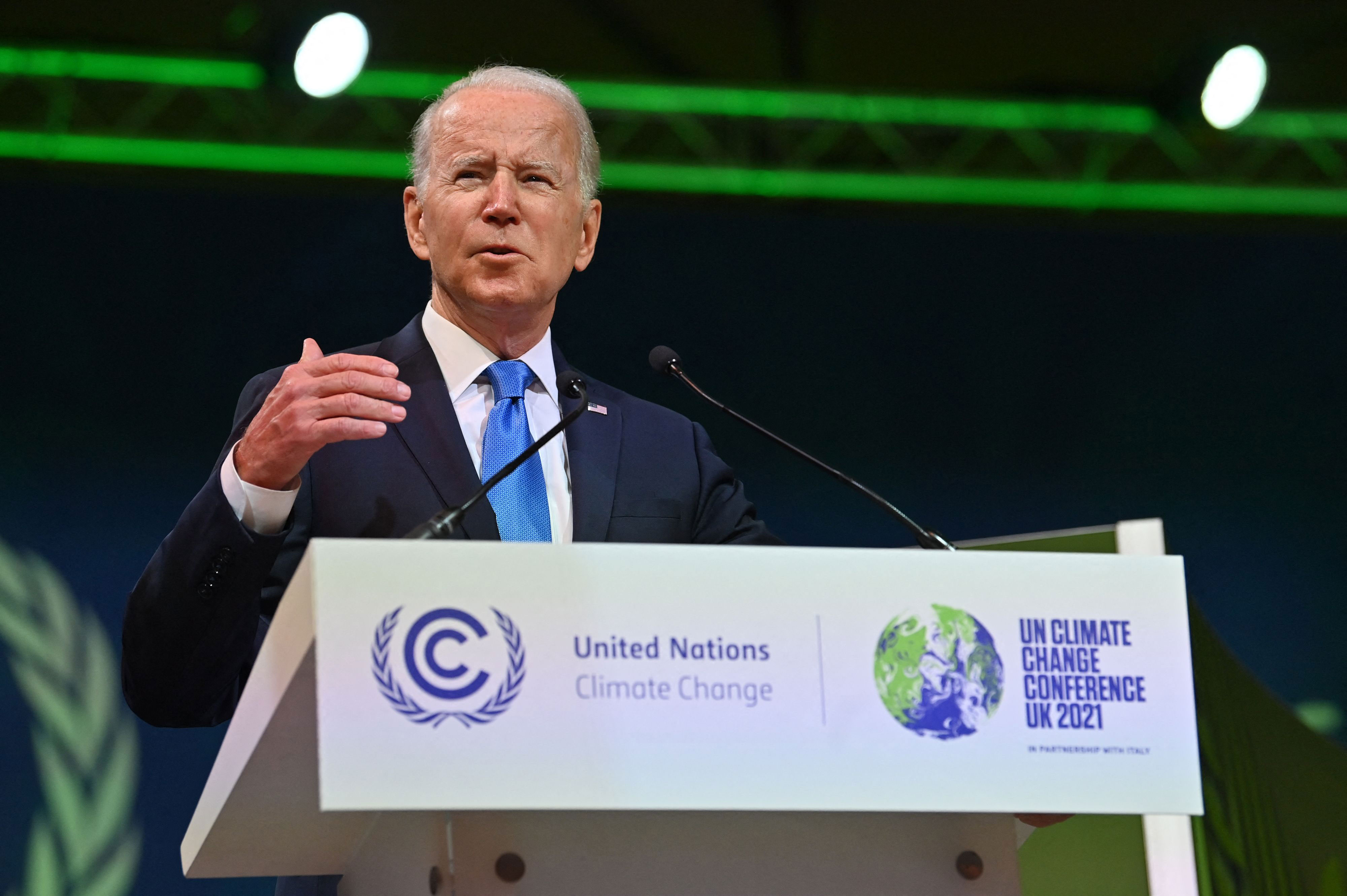 US President Joe Biden speaks at COP26 in Glasgow, Scotland, on November 2.