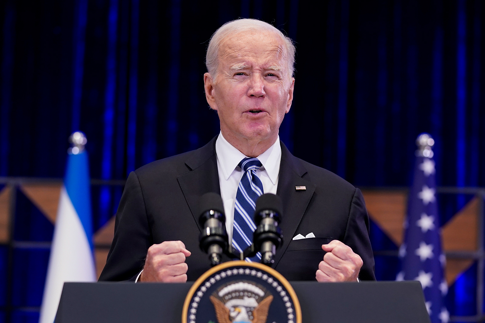 Joe Biden delivers remarks in Tel Aviv on October 18.