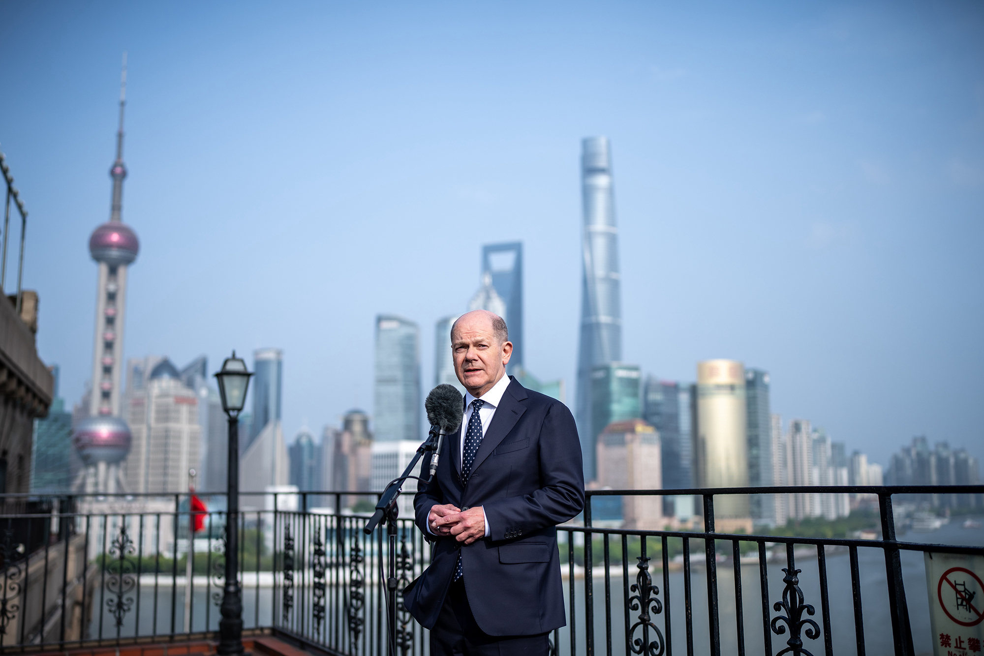 German Chancellor Olaf Scholz speaks to the press in Shanghai, China, on April 15.