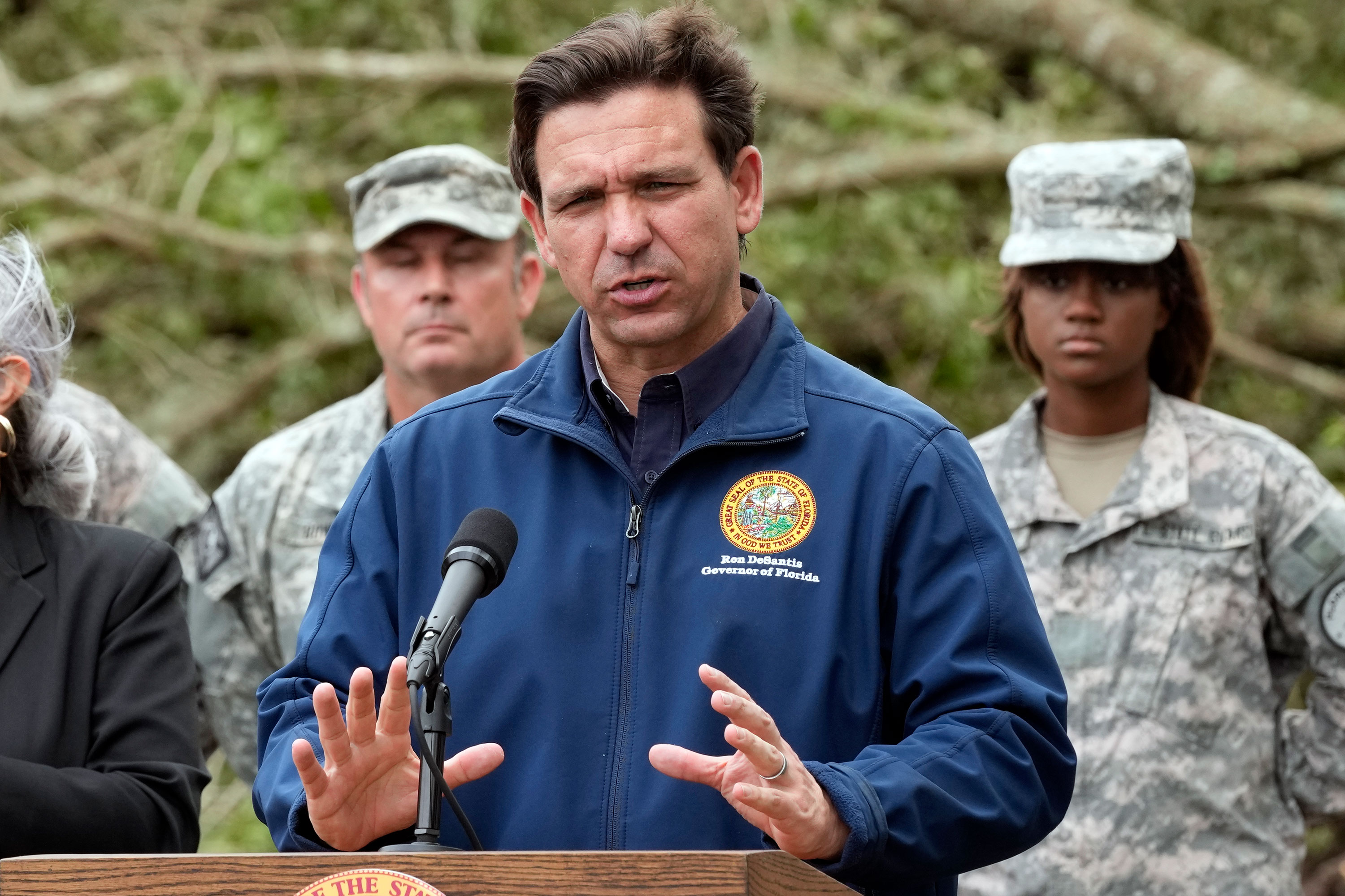 Florida Gov. Ron DeSantis speaks at a news conference in Perry, Florida, on Wednesday. 