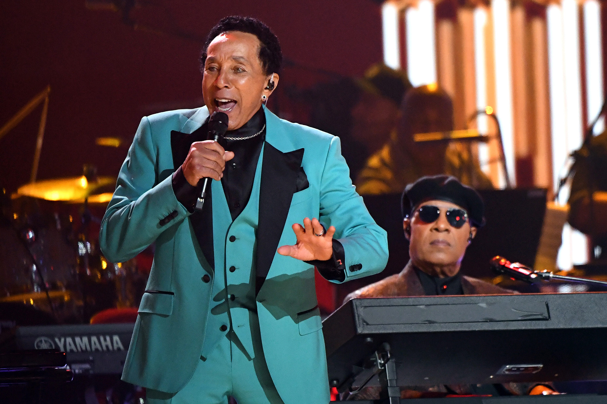 Legends Smokey Robinson and Stevie Wonder perform together during the show.