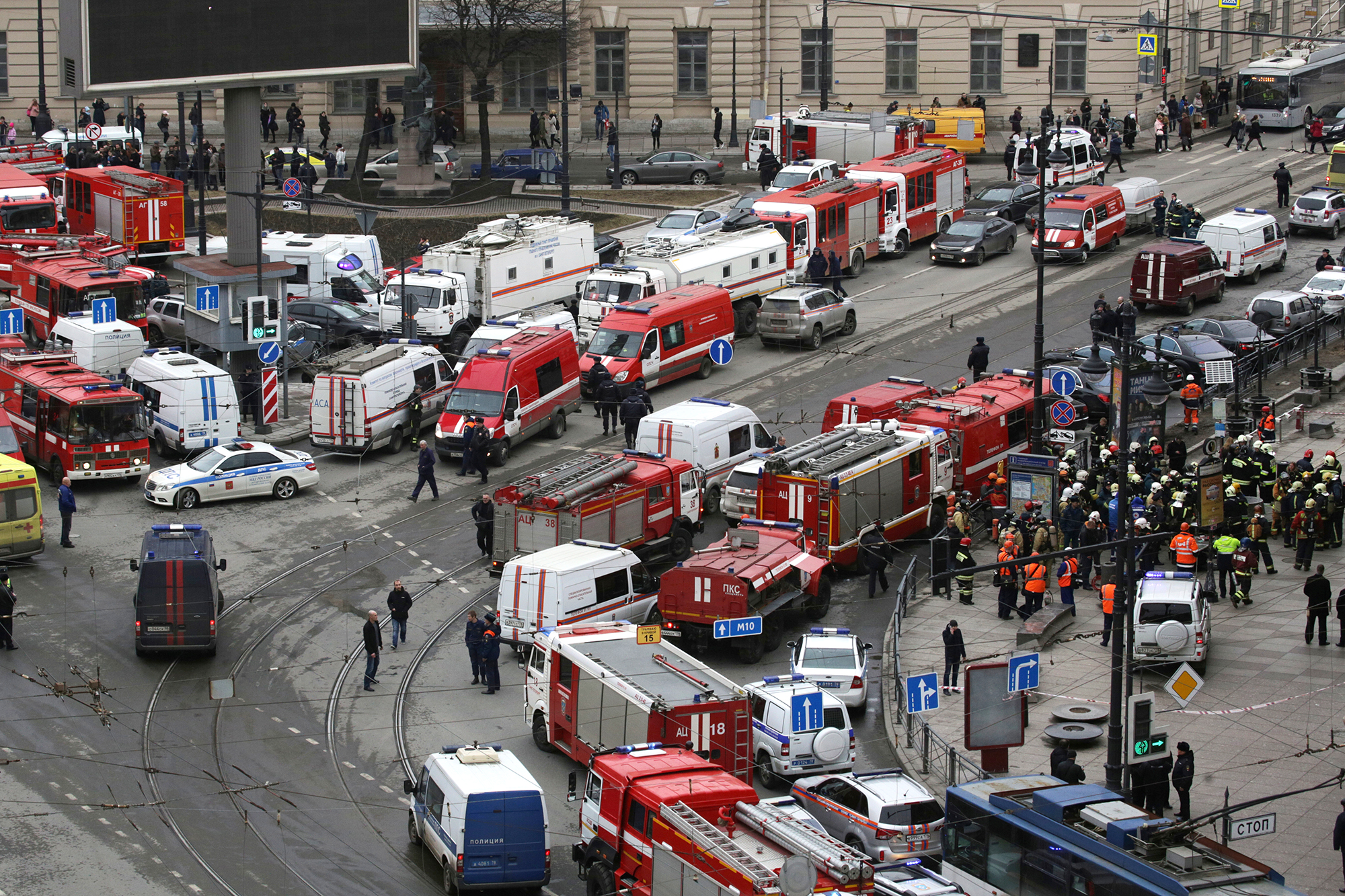 Emergency services are seen on the scene of the deadly 2017 metro blast in St. Petersburg. 