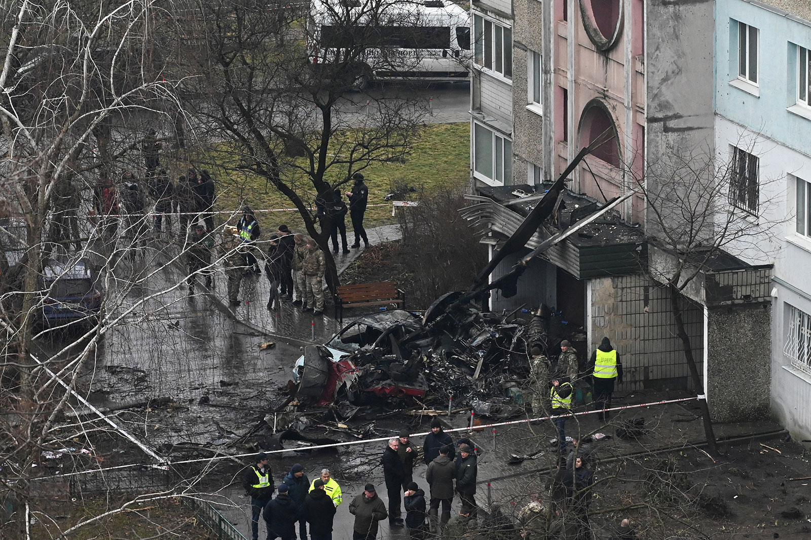 A general view of the site of the helicopter crash in Brovary on January 18. 