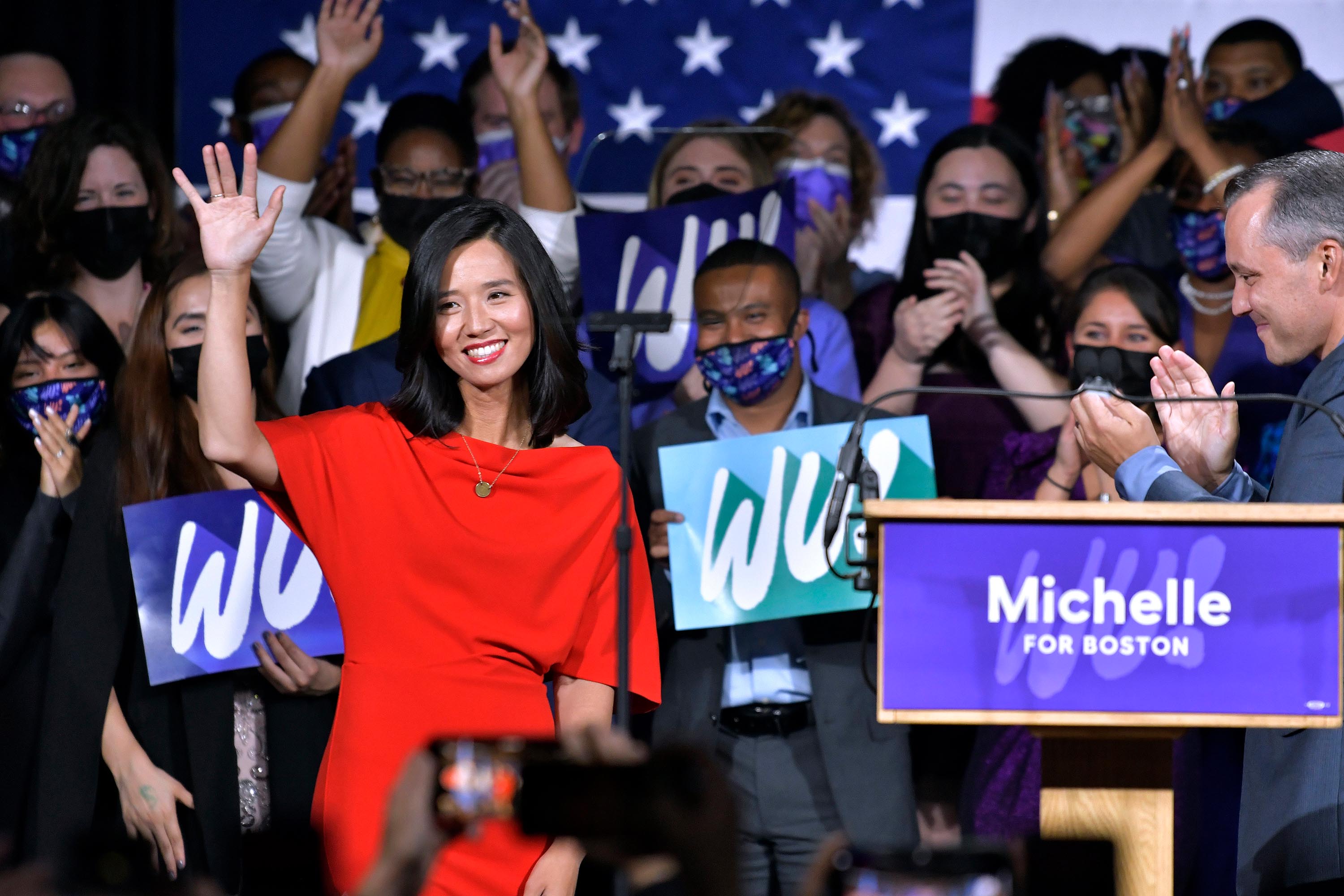 Michelle Wu greets supporters at her election night party, Tuesday, November 2, in Boston. 