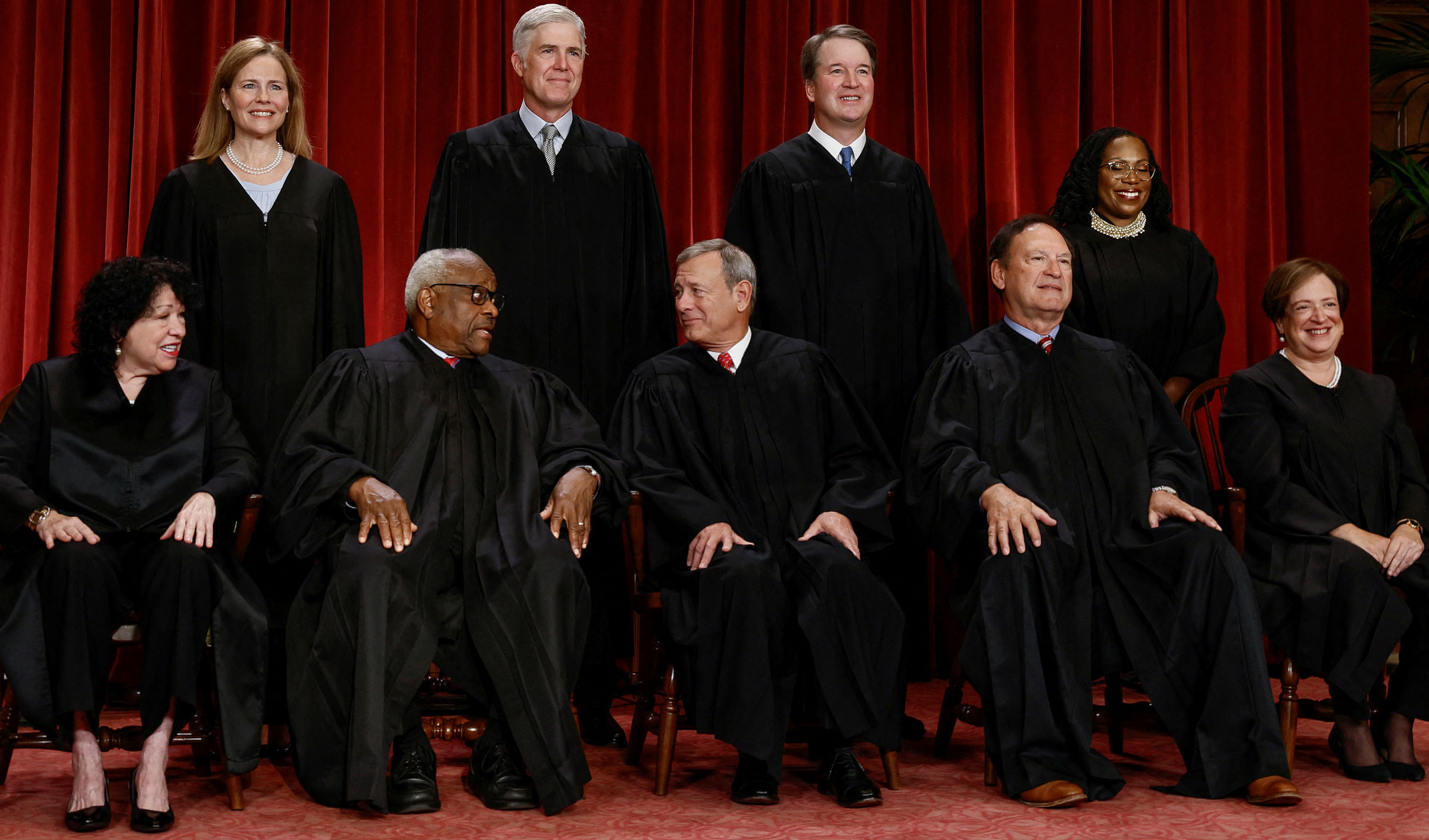 The US Supreme Court justices pose for a group portrait in October. In the front row, from left, are Sonia Sotomayor, Clarence Thomas, Chief Justice John Roberts, Samuel Alito and Elena Kagan. Behind them, from left, are Justices Amy Coney Barrett, Neil Gorsuch, Brett Kavanaugh and Ketanji Brown Jackson.