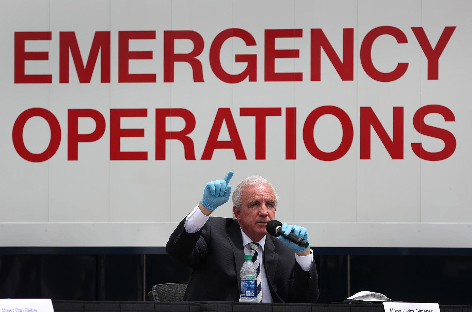Miami-Dade Mayor Carlos Gimenez speaks during a press conference at the Miami Beach Convention Center on April 8, in Miami Beach, Florida. 