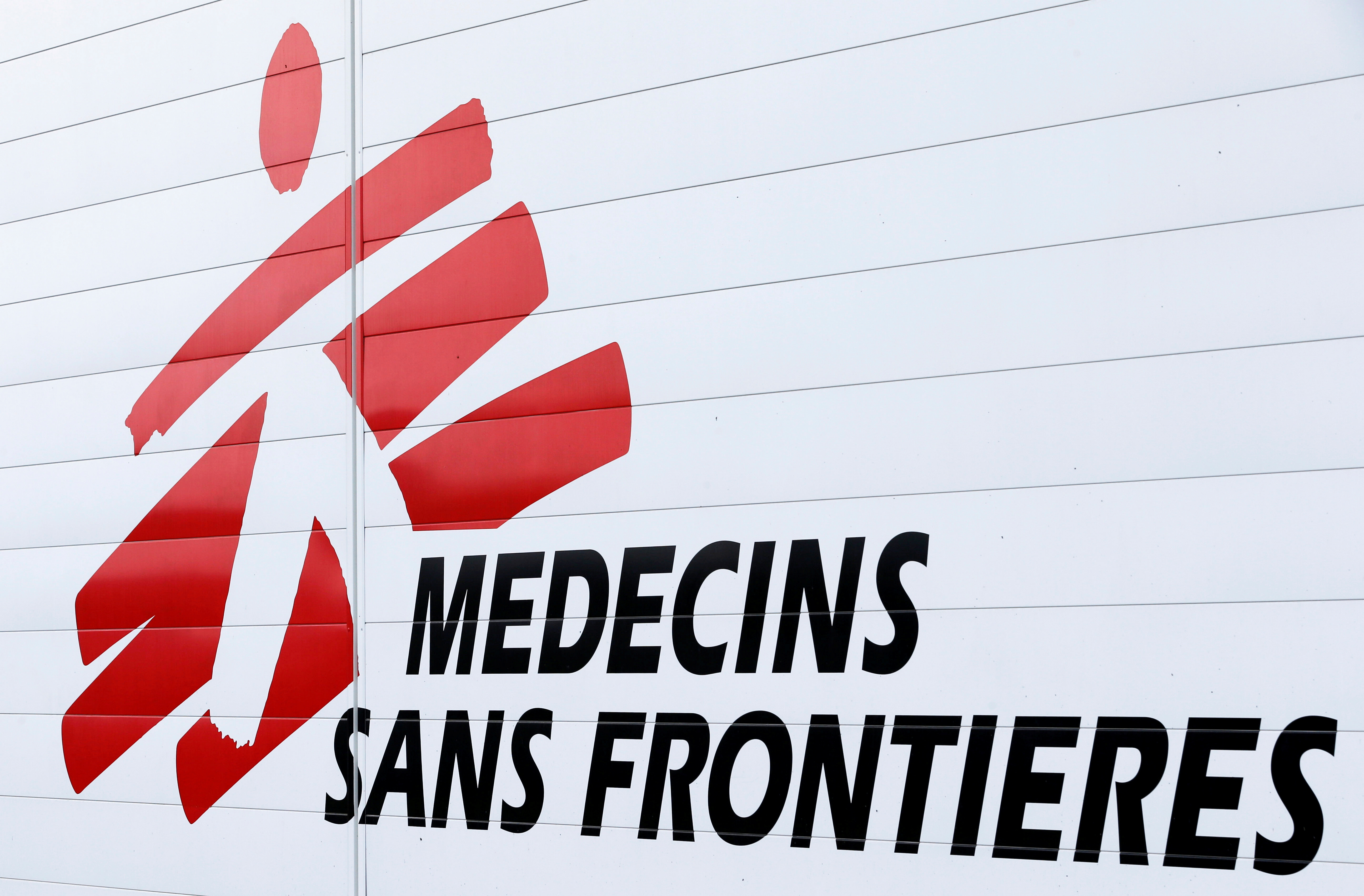The logo of Médecins Sans Frontières (Doctors Without Borders) is seen in Mérignac, France, in 2018.