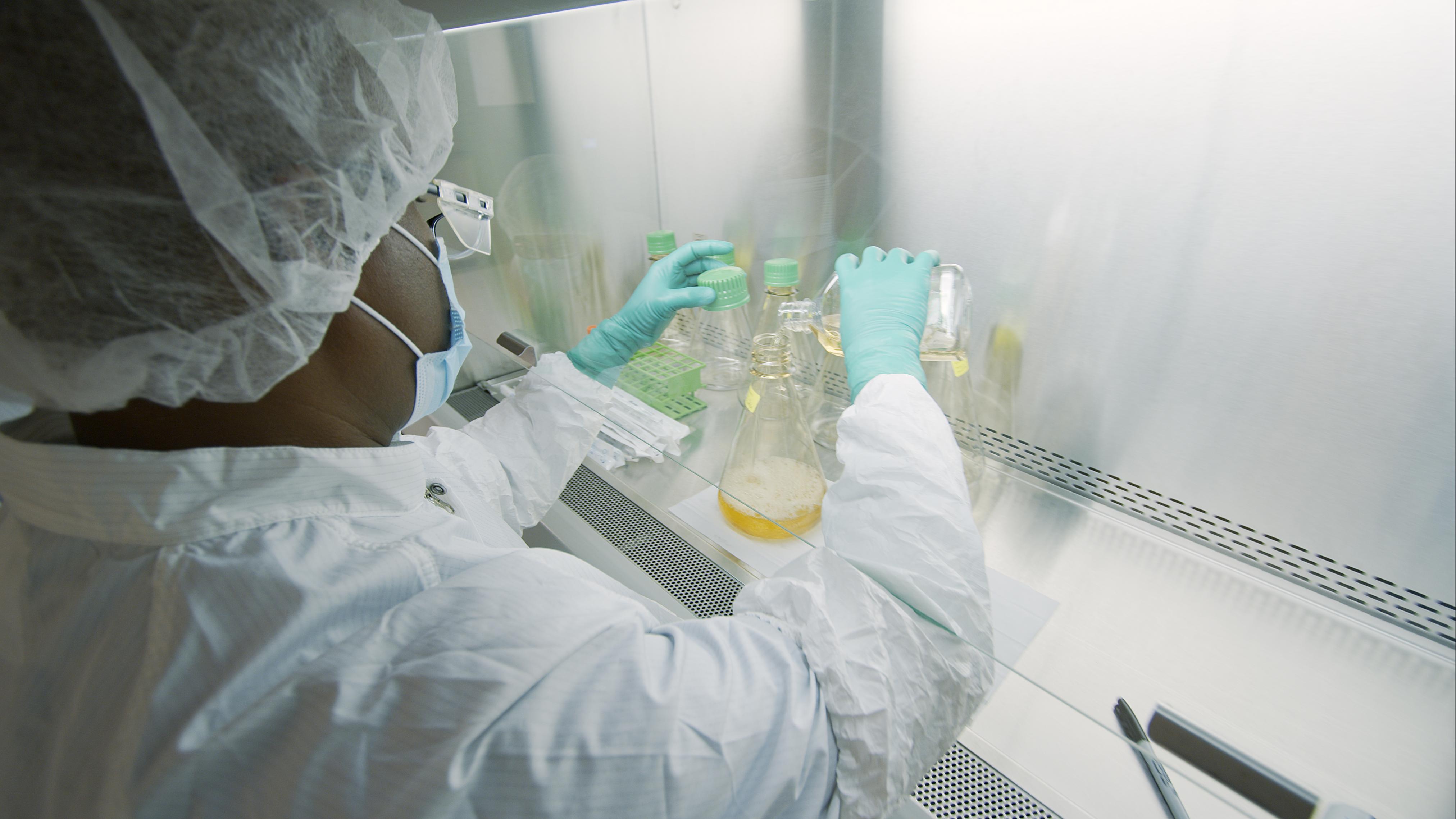 In this file photo, an employee at Eli Lilly works on an antibody treatment for Covid-19.