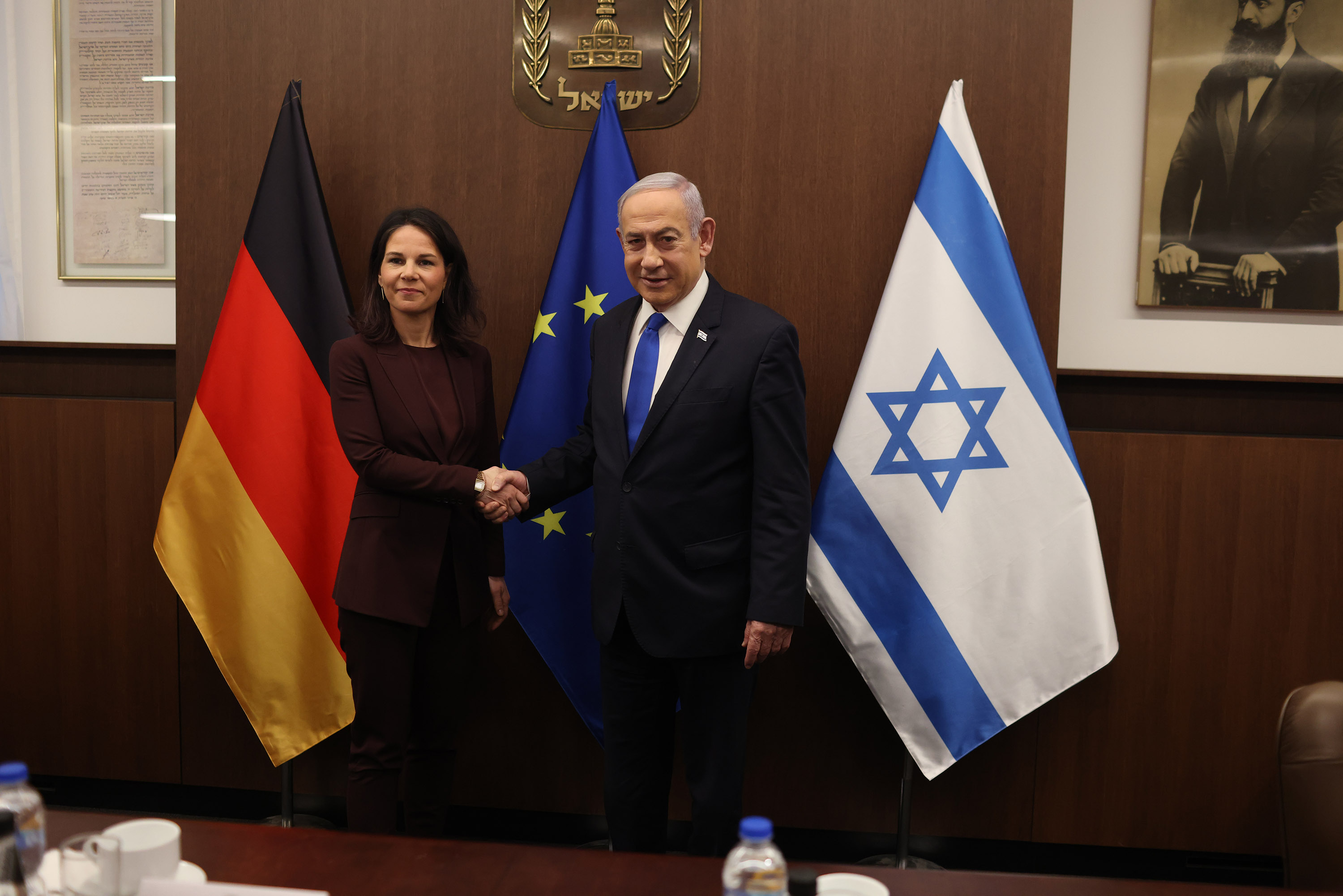 German Foreign Minister Annalena Baerbock is pictured with Israeli Prime Minister Benjamin Netanyahu ahead of a meeting on April 17 in Jerusalem. 