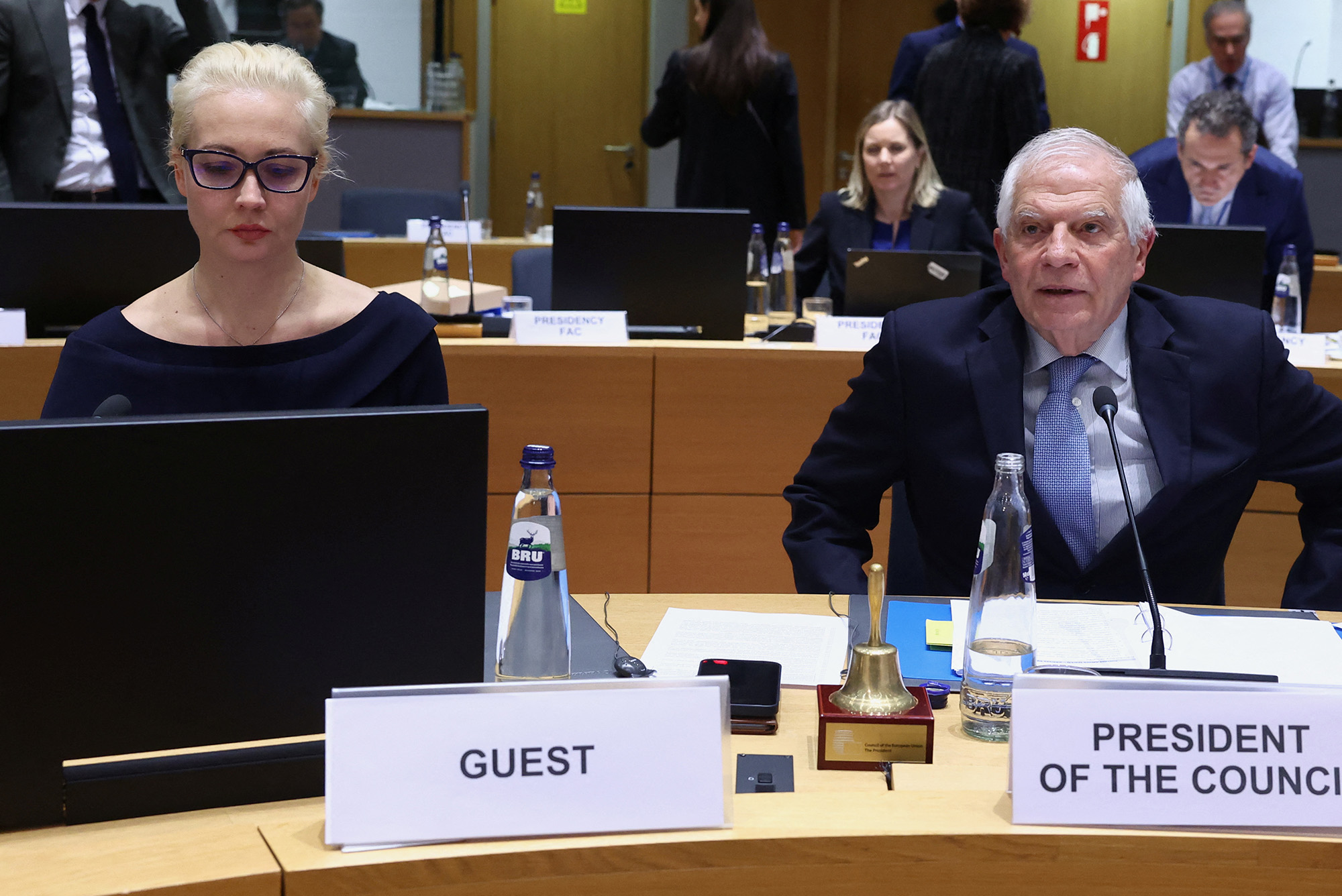 Yulia Navalnaya, the widow of Alexei Navalny, sits next to European Union Foreign Policy Chief Josep Borrell, as she takes part in a meeting of European Union foreign ministers in Brussels, Belgium, on February 19.