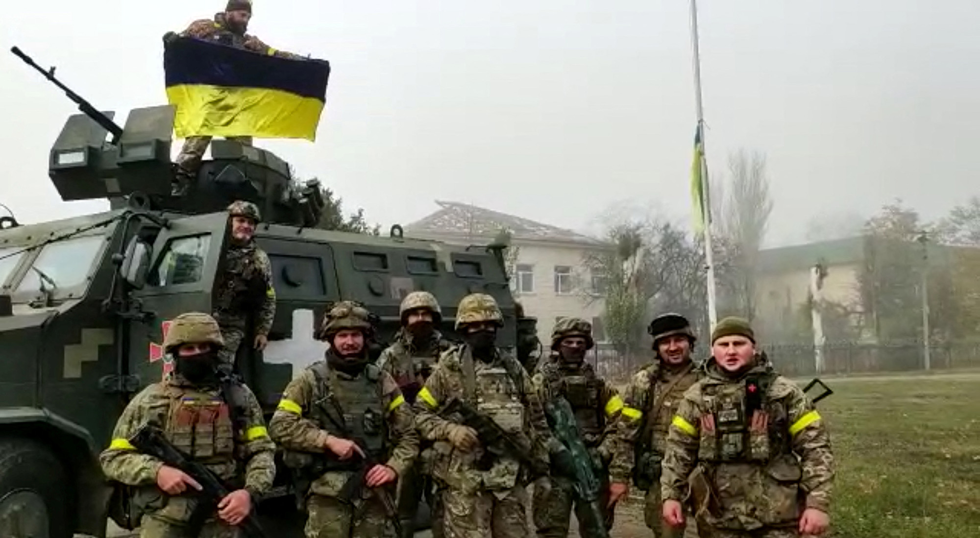Soldiers of the 131st Ranger Reconnaissance Battalion celebrate the recapture of the city of Snihurivka, Mykolaiv region, Ukraine, November 10.