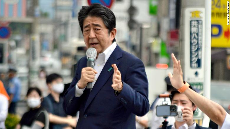 Former Japanese Prime Minister Shinzo Abe speaks for his party member candidate of the House of Councillors Election near Yamato Saidaiji Station in Nara Prefecture on July 8.