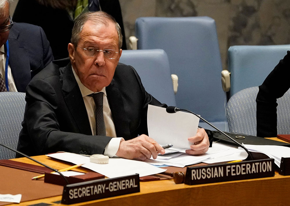 Russian Foreign Minister Sergey Lavrov chairs a Security Council meeting on defending the principles of the UN Charter at UN Headquarters in New York on Monday, April 24.