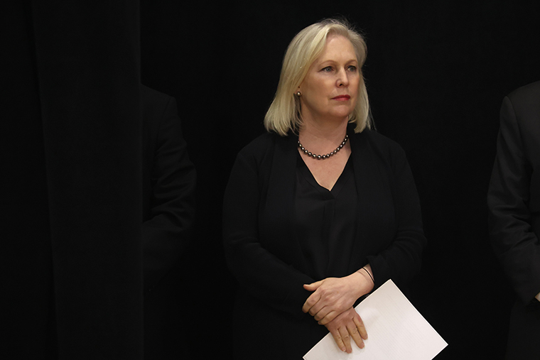 U.S. Senator Kirsten Gillibrand (D-NY) during an event with President Joe Biden and several family members of victims of the Tops market shooting at the Delavan Grider Community Center on May 17 in Buffalo, New York. 
