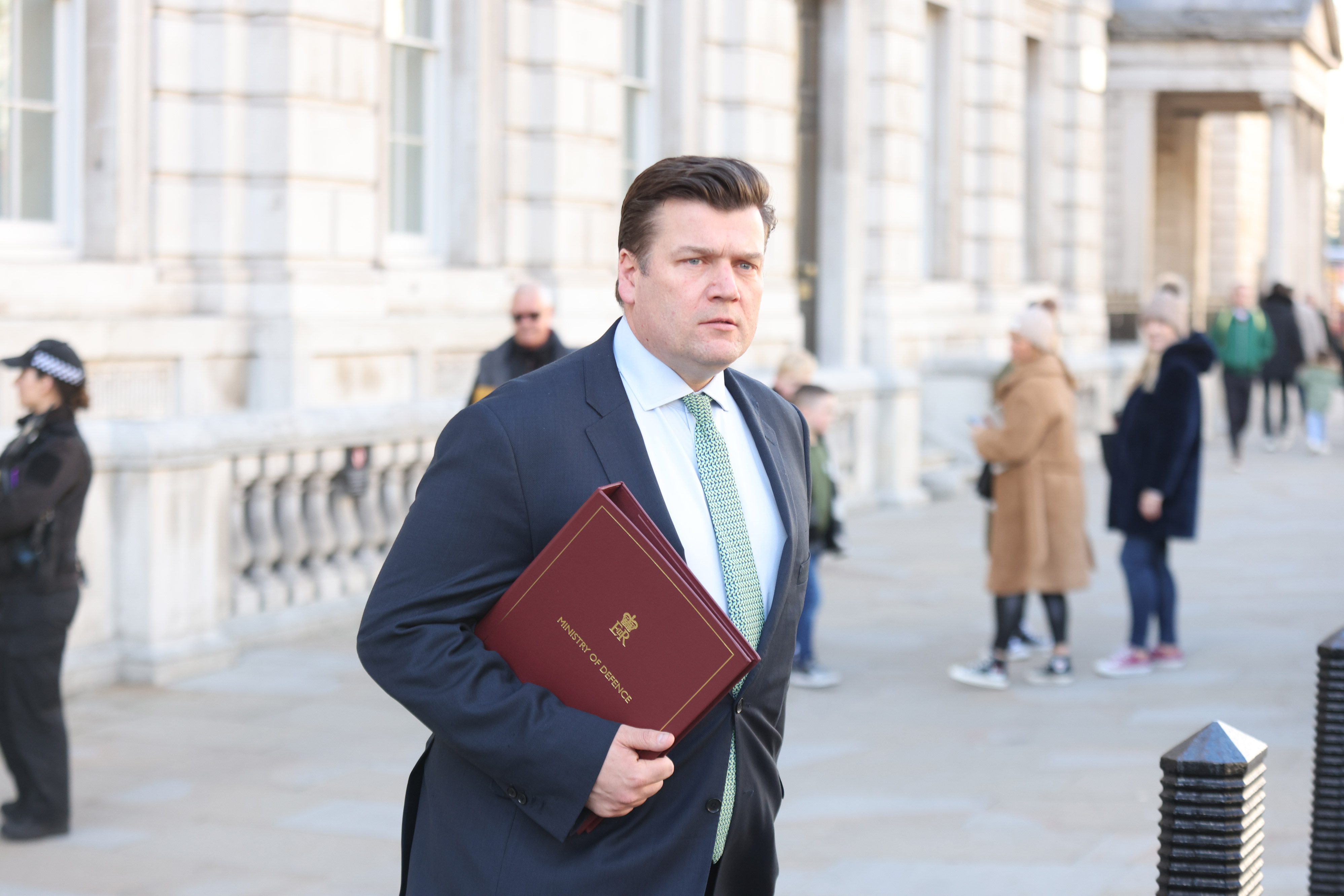 In this file photo, James Heappey, Under-Secretary of State for the Armed Forces, leaves the Cabinet Office on Whitehall on February 17.
