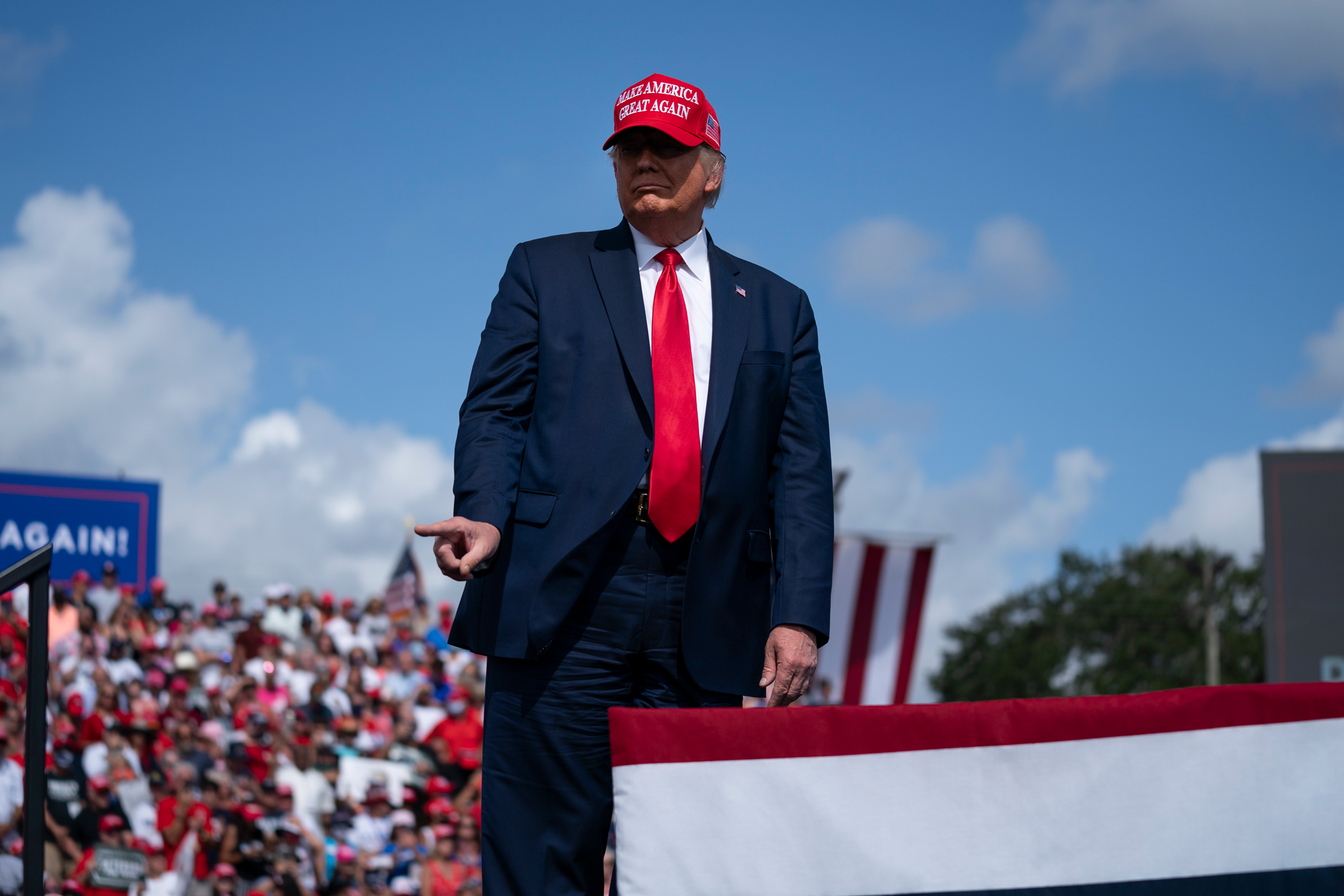 President Donald Trump gestures during a campaign rally outside Raymond James Stadium on October 29 in Tampa.