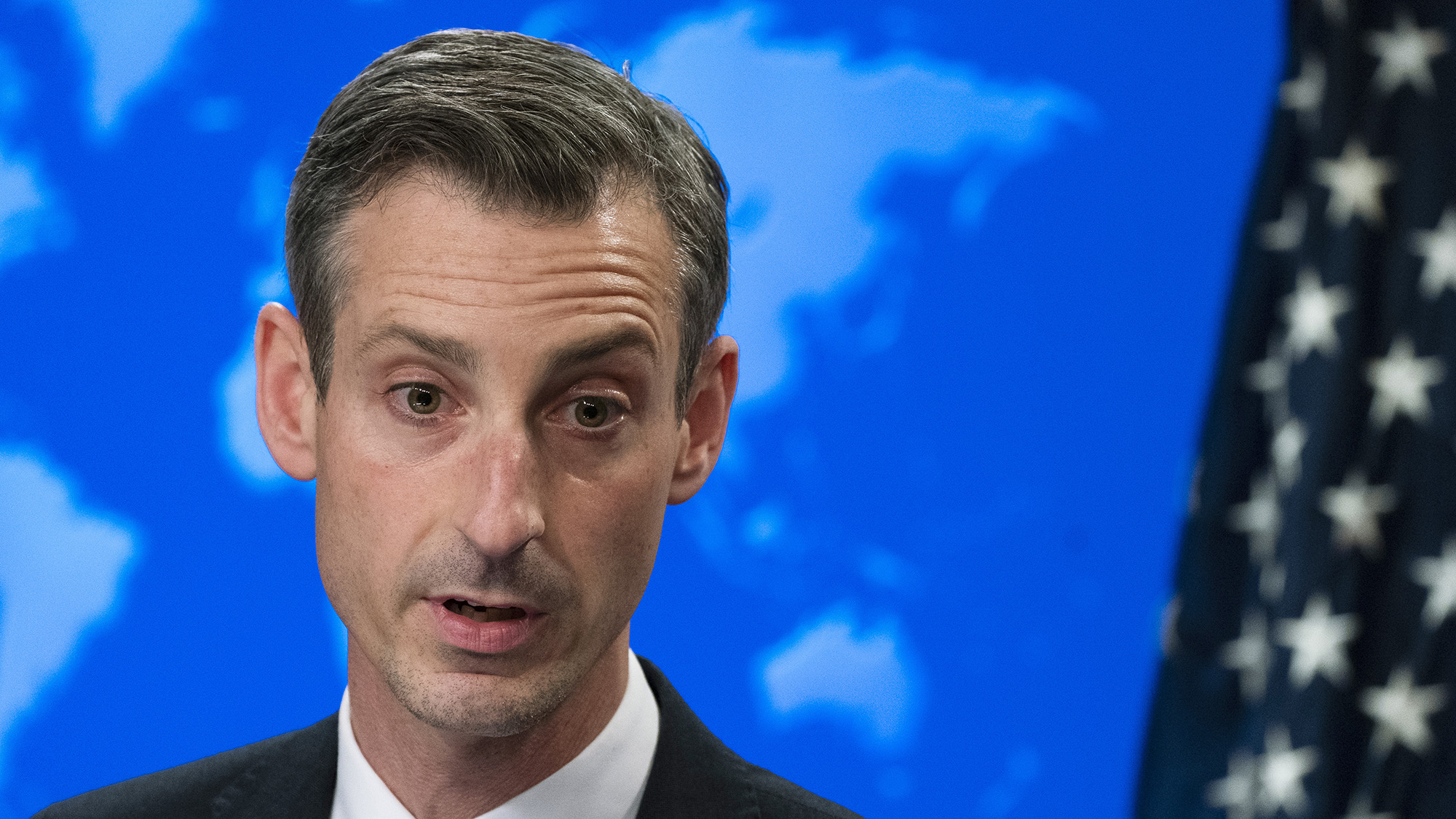 State Department spokesman Ned Price speaks during a news conference at the State Department on Thursday, March 10.