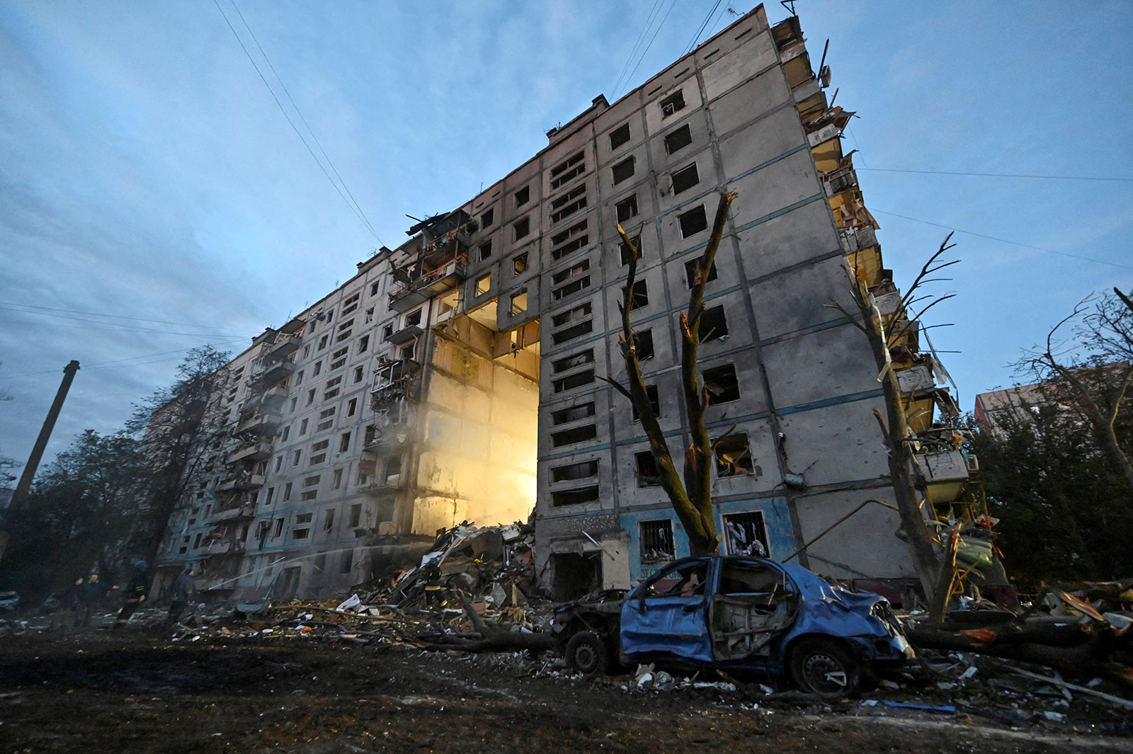 Damage to a residential building is seen after a rocket attack in Zaporizhzhia, Ukraine, on October 9.