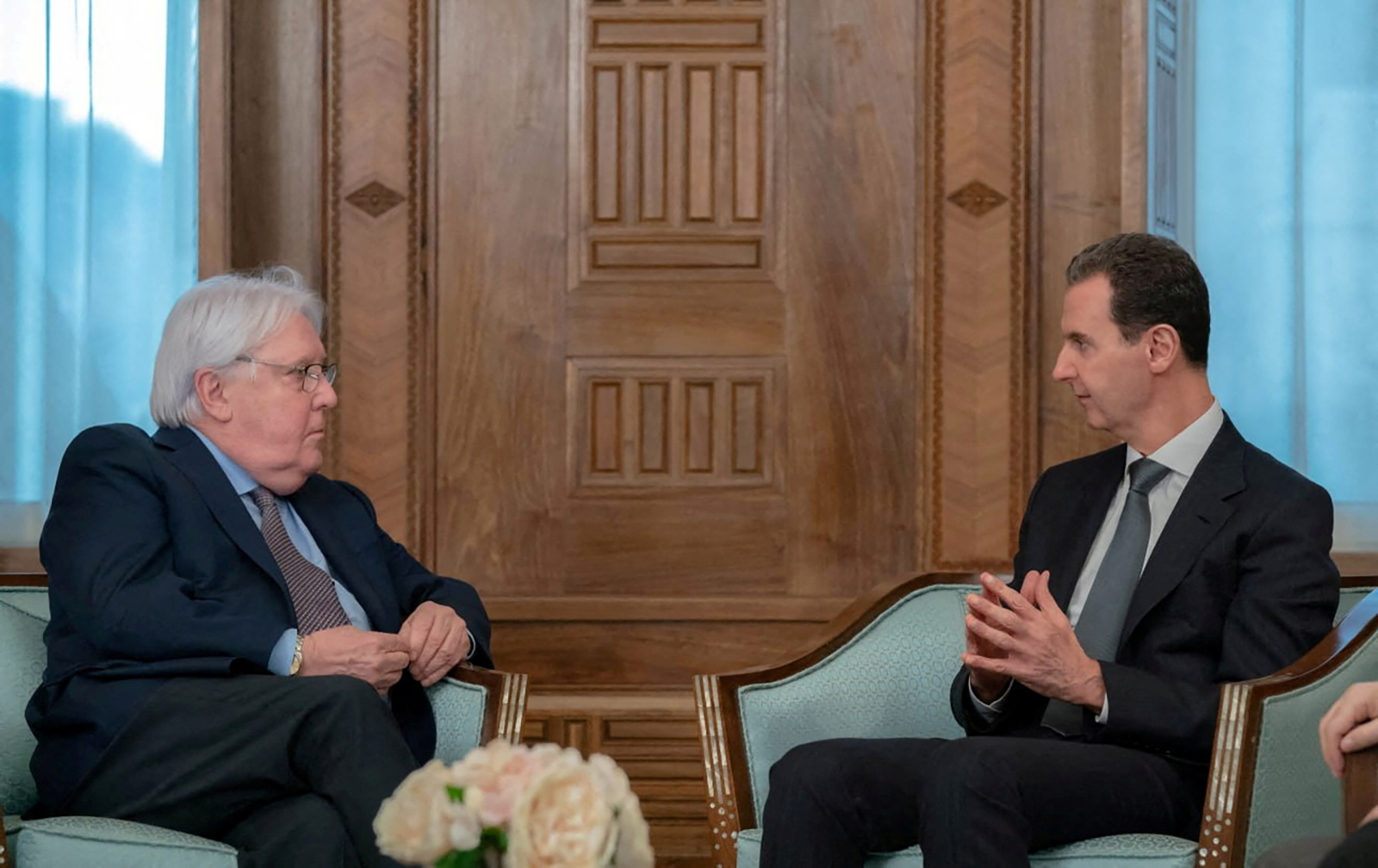 Syria's President Bashar al-Assad (right) met with United Nations Under-Secretary-General for Humanitarian Affairs and Emergency Relief Coordinator Martin Griffiths today in Damascus, Syria.